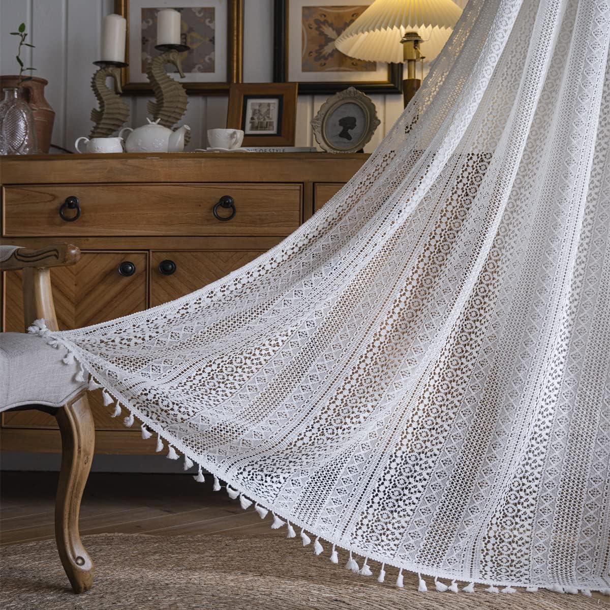 2 Panels Boho Crochet Knitting White Curtains 63 84 96 inches Length, Light Filtering Window Curtains Drapes, Farmhouse Retro Semi Sheer Vintage Lace Tassel Curtains for Bedroom Living Room Decoration