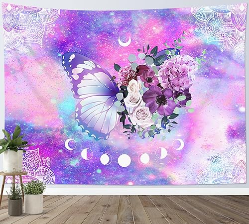 HVEST Tapiz de pared, diseño de mandala psicodélico, diseño de mariposa, fase lunar, color rosa, para dormitorio, plantas florales, estética disponible en Yaxa El Salvador