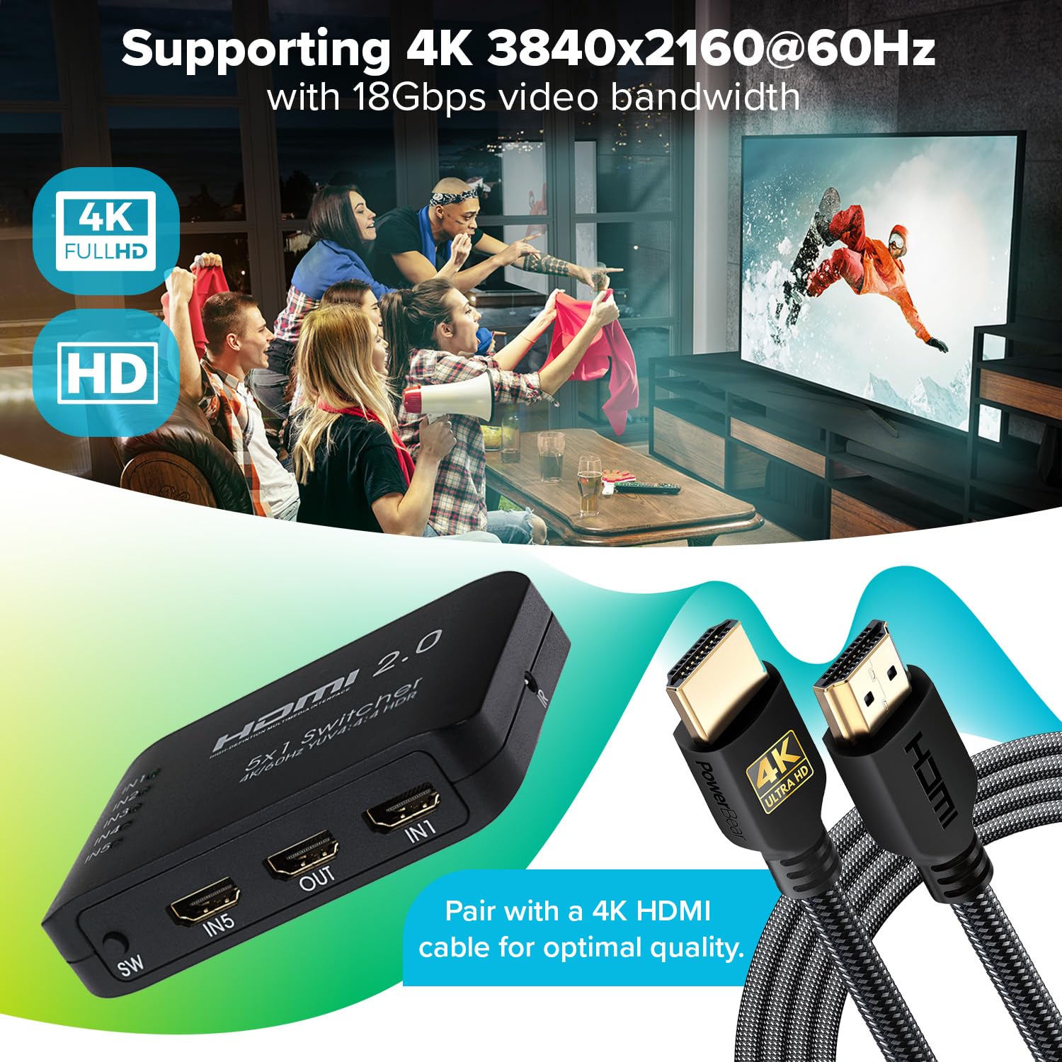 Nikkai Przełącznik HDMI 5 portów w 1 wyjściu 4K 60 Hz rozdzielczość pilot - czarny