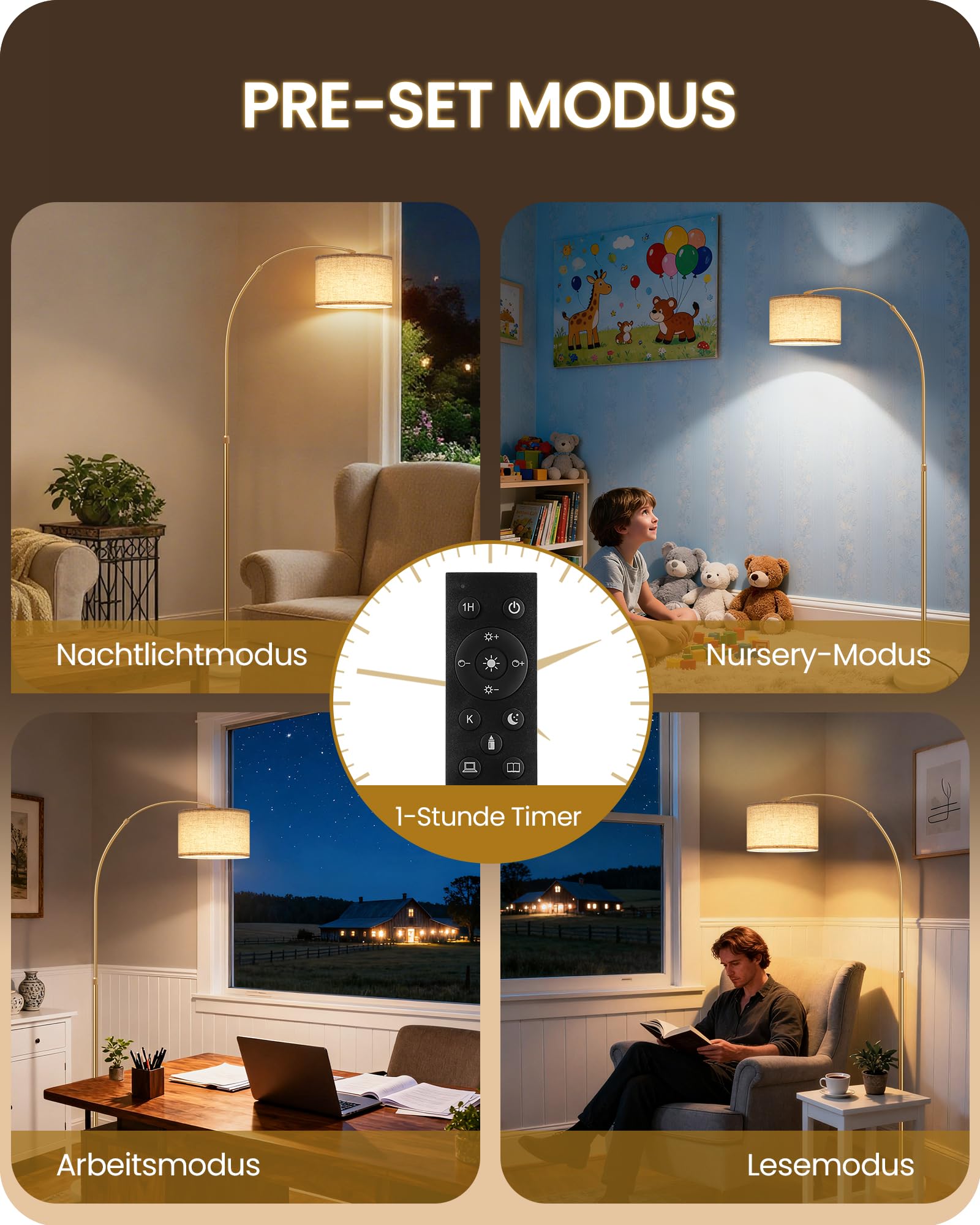 Lámpara de Pie Arco, Altura Ajustable 158-188cm, con Bombilla LED y Mando, Tegulación Continua de Brillo y 3CCT, Luz Direccional con Cabezal Orientable y Base Pesada, Beige y Oro
