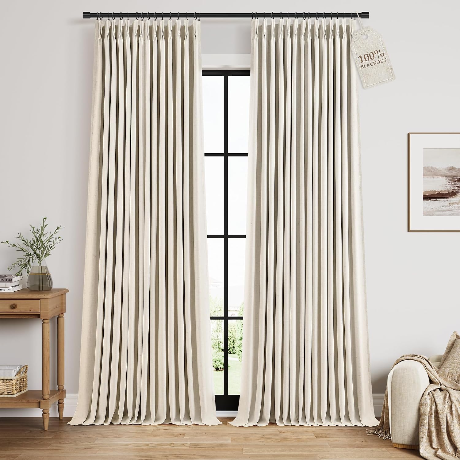 Nanspring 100% Blackout Linen Pinch Pleated Curtains 96 Inch Birch Beige