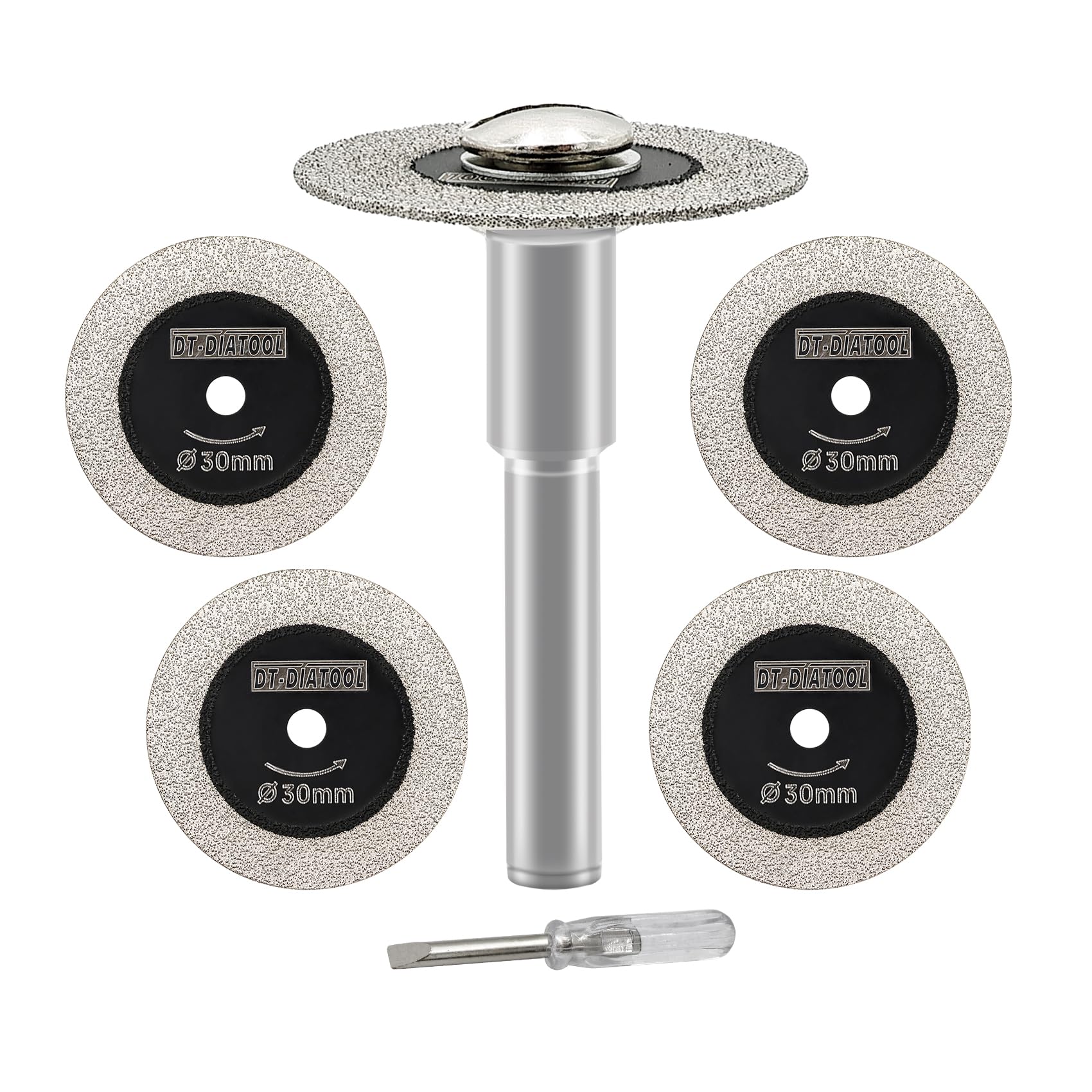 DT-DIATOOL Paquete de 5 discos de corte de vidrio de diamante (1-3/16 pulgadas), 1 con vástago de 1/4 pulgadas y 2 sin vástago, para azulejos, botellas de vino, cristal, cerámica, piedra