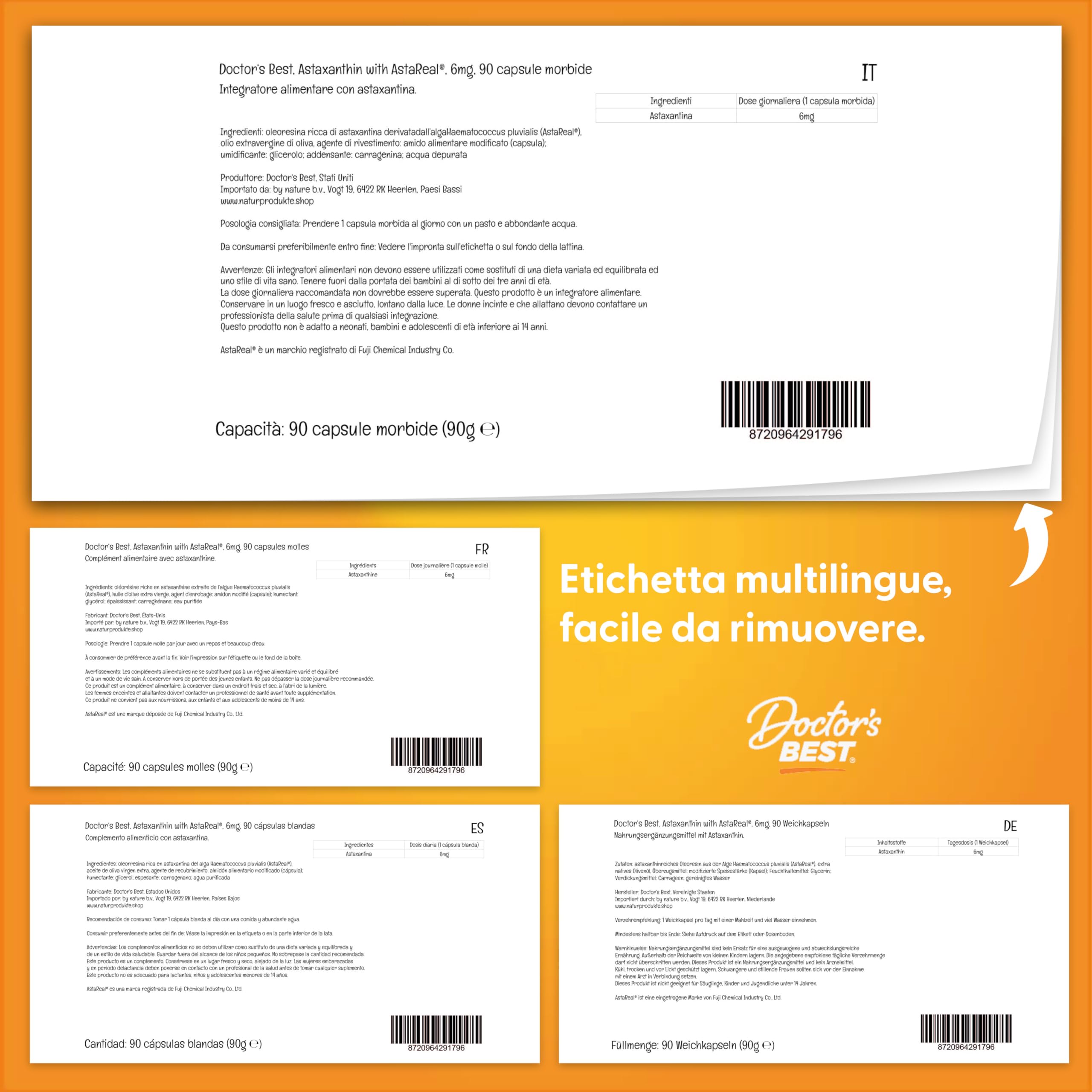 Doctor's Best, Astaxanthin with AstaReal, 6 mg, 90 Capsule molli, Altamente Dosato, Testato in Laboratorio, Senza Glutine, Senza Soia, Non OGM