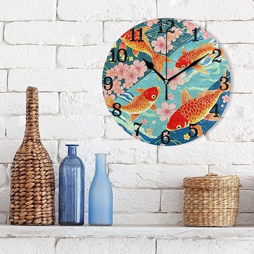 Miniatura 3 de KLL Vintage Japanese Ukiyo-e Flower Fish 10 Inch Round reloj de pared para cocina Non Ticking Indoor for Bedroom Dining Room Bathroom reloj para la
