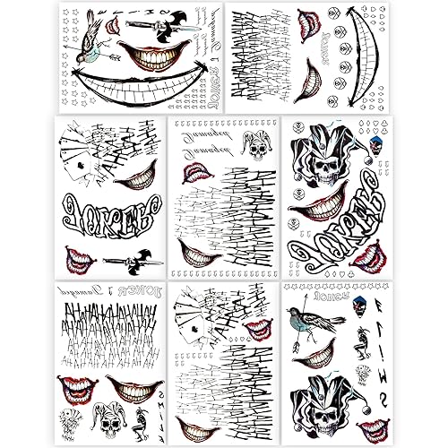 NEDEQI 16 hojas de tatuajes Joker y HQ de gran tamaño, estilo punk, impermeable, todas las versiones