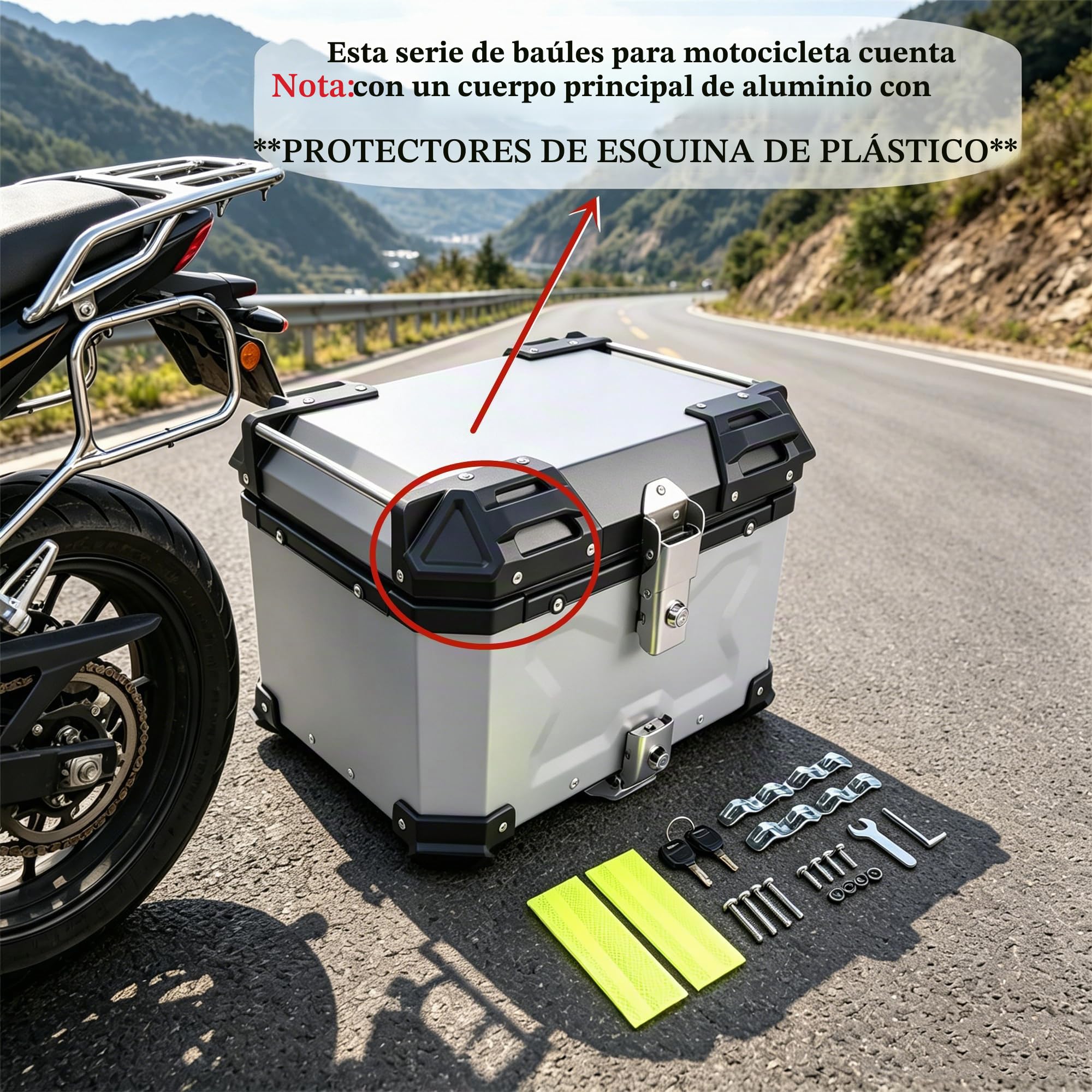 Bisenya 55l Motocicleta Top Case, Aluminio Motocicleta Tour Tail Box con Cerradura De Seguridad Plata Impermeable