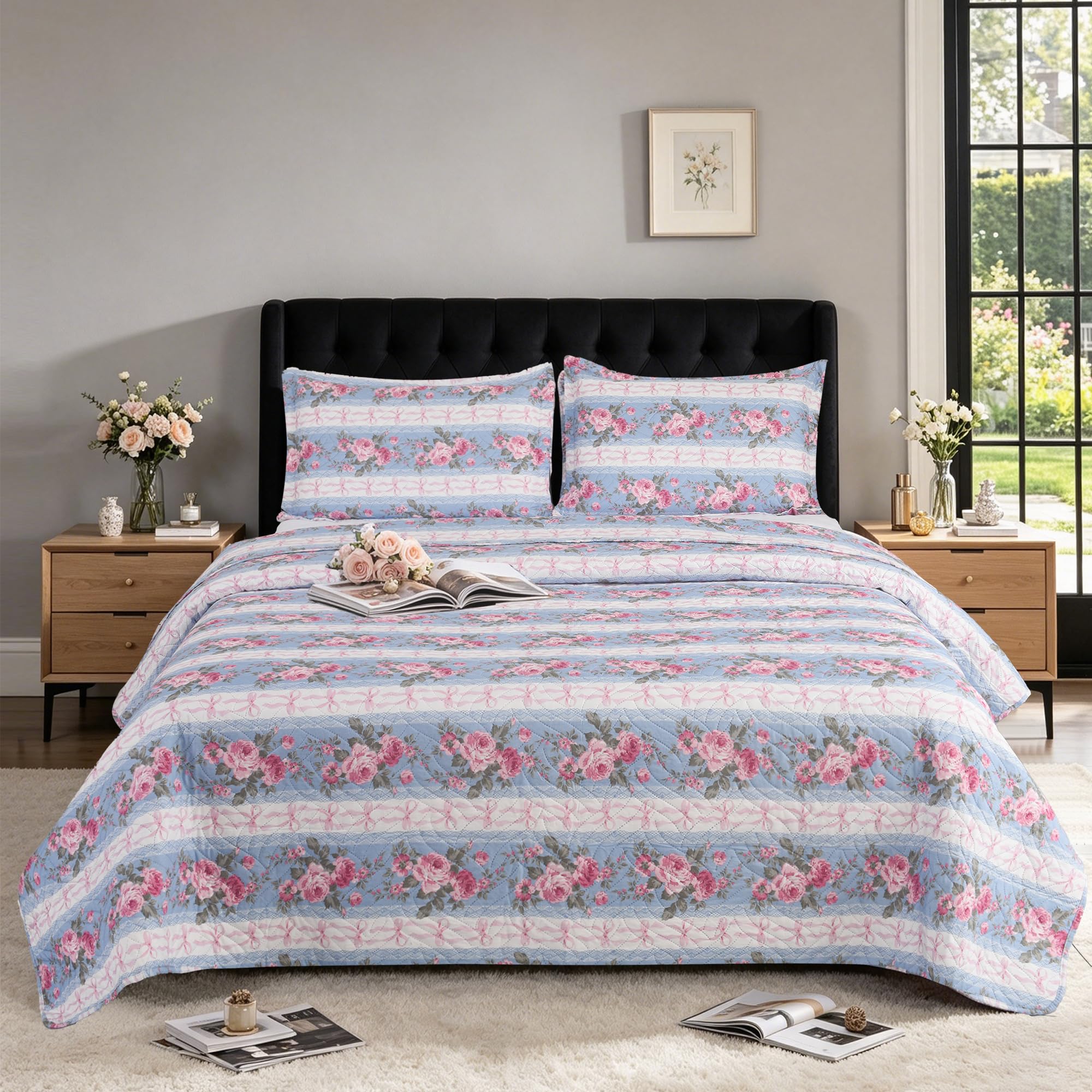 BOSKI LONDON 3 Piece Quilted Patchwork Bedspread with 2 Shams | Reversible Floral King Size & Double | Lightweight Microfiber Quilt | 220x240cm โ image 1