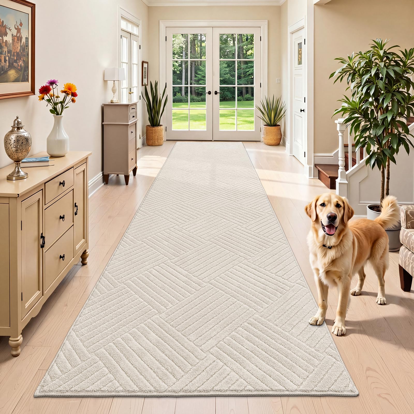 Lang Läufer Flur 80 x 300 cm Beige Waschbar rutschfest | Kurzflor Küchen Teppiche Matte Weicher, 3D Effekt Moderner Carpet für Eingang, Schlafzimmer, Wohnzimmer und Esszimmer