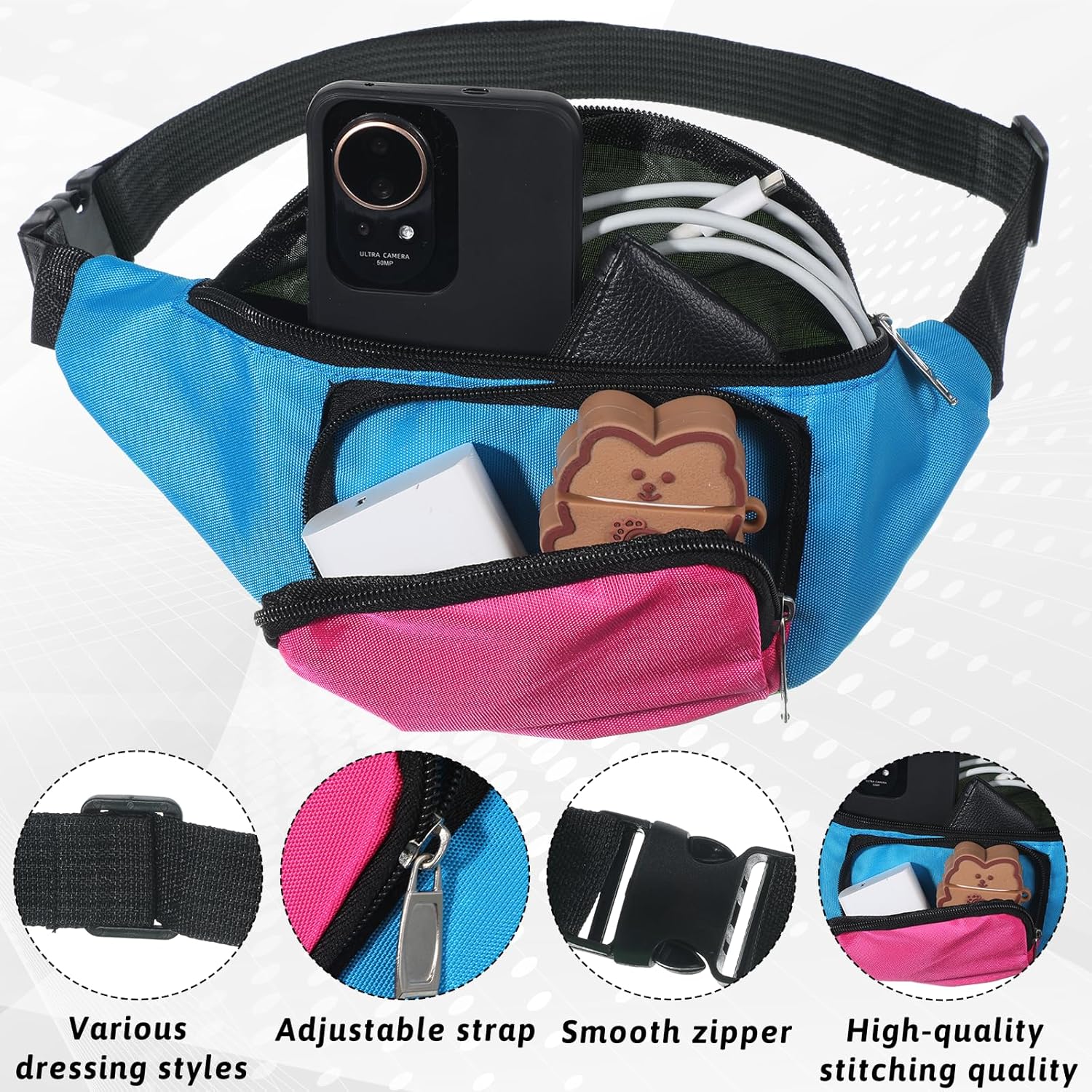 80s Fanny Pack Lightweight Retro Waist Bags Two Pockets Vintage Adjustable Belt for Holiday Travel Festival Theme Party Running Cycling Women Men - Image 3