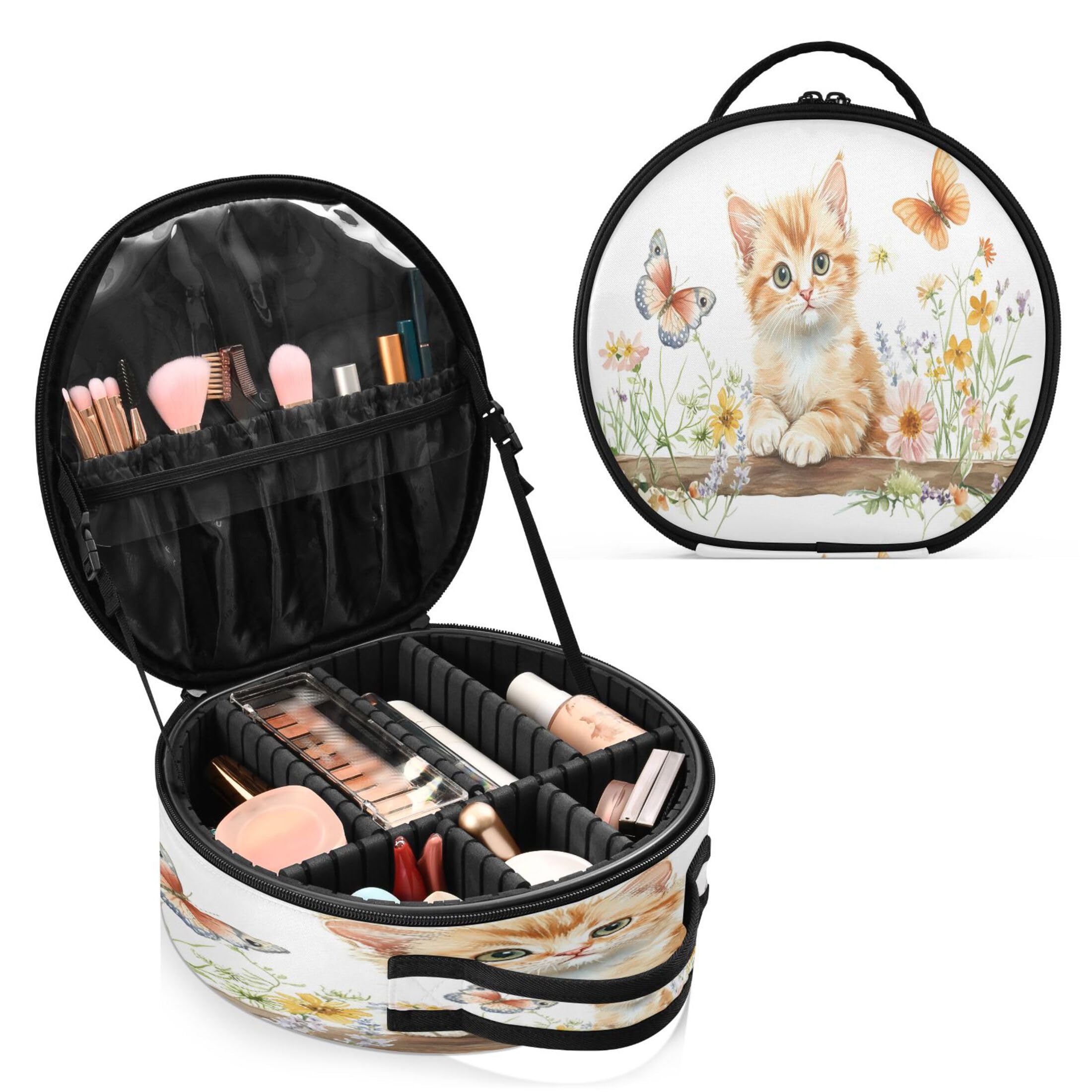 Takiito Kitten Travel Makeup Case Portable Makeup Box Artist Cosmetic Case Organizer With Adjustable Dividers