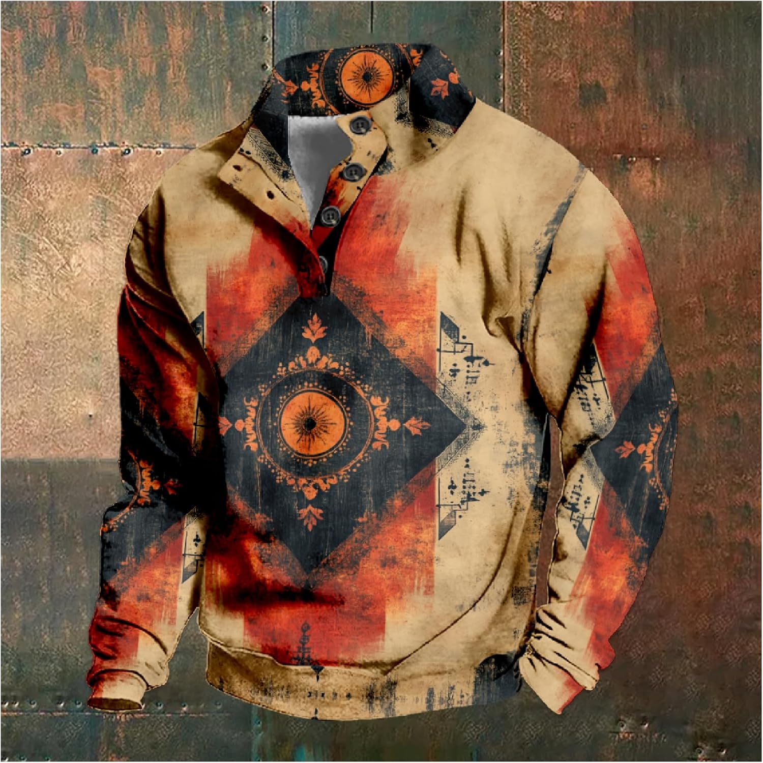 Mens Hoodies Pullover Westren Cowboy Print Aztec Ethnic Graphic Fashion Button Collared Long Sleeve Sweatshirt - Image 2