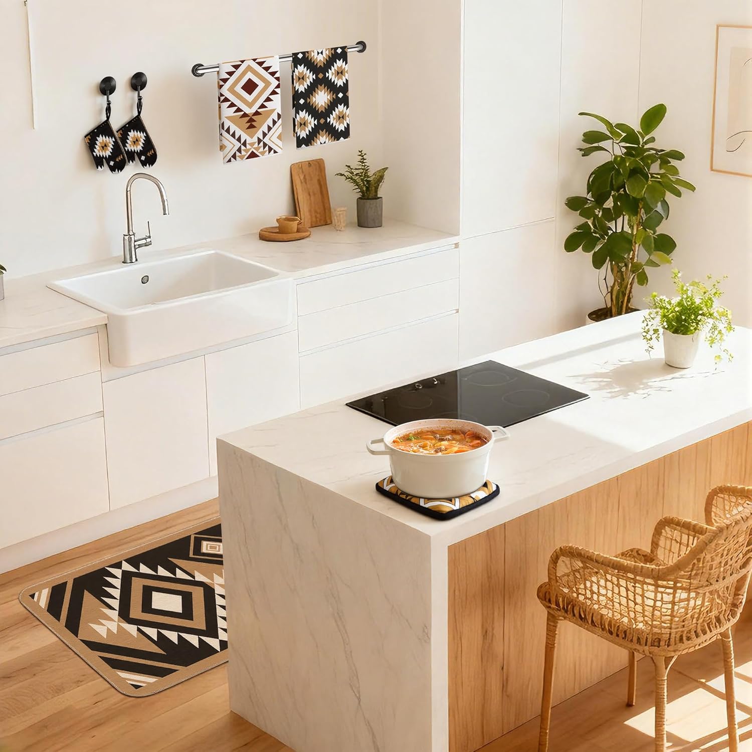 10 Pcs Western Aztec Kitchen Decor and Accessories Set 4 Kitchen Dish Towels 2 Pot Holders 2 Oven Mitts 2 Rugs for Floor Home Decorations Cooking Baking Mom Daughter Gifts Black White Brown - Image 7