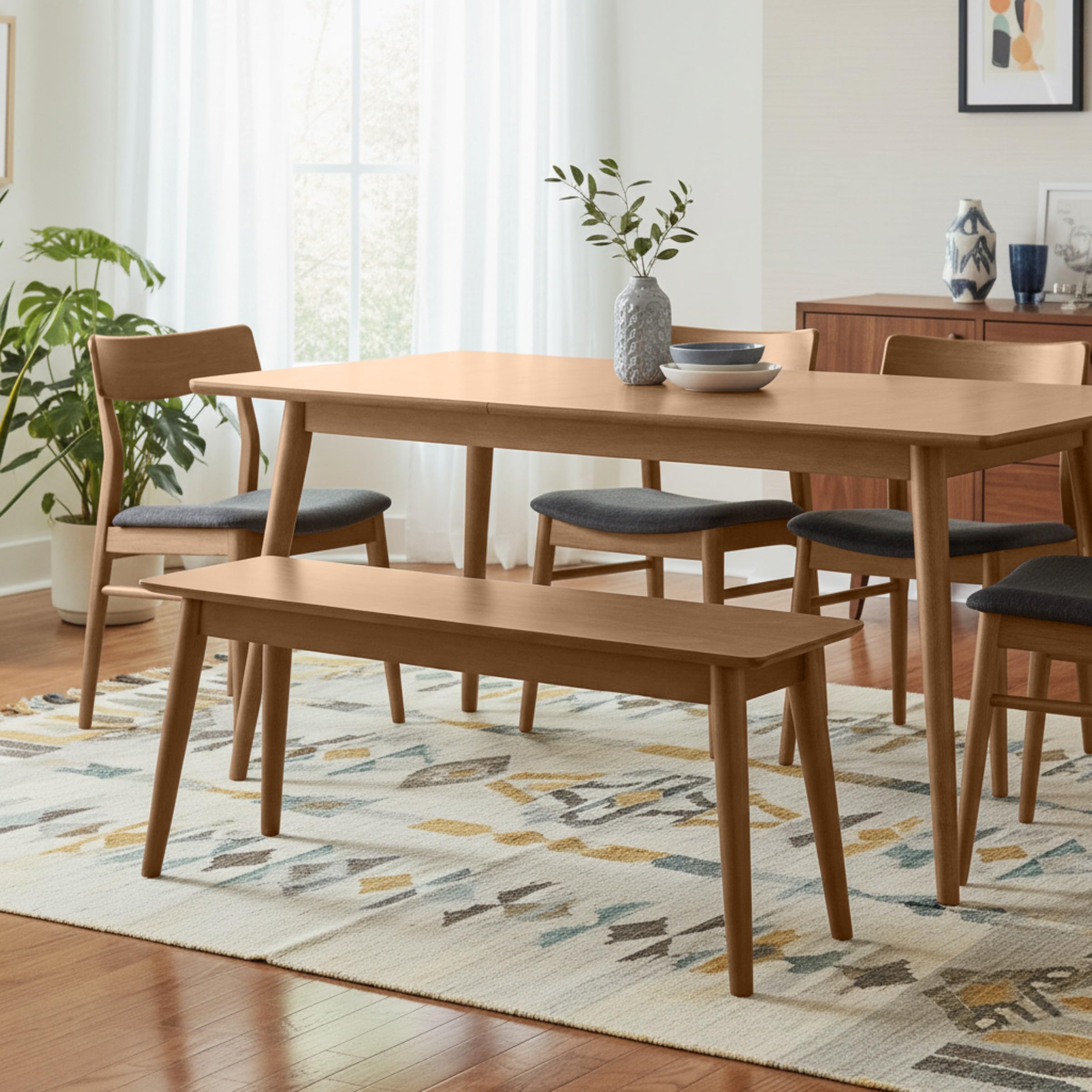 Alaterre Furniture Solid Wood Dining Bench, Warm Pecan, 46” x 14” x 18” | Entryway Bench with Minimalist Design, Mid-Century Modern Furniture for Entryway, Dining Room, Kitchen, or Bedroom