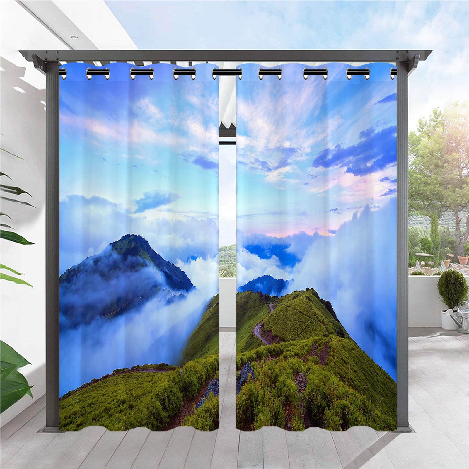 ANHOPE Outdoor Curtains Waterproof Eyelet Ring Top Drapes Sunrise Cloud Foggy Mountain Print Pattern Privacy Outside Curtains for Garden Patio Gazebo Pergola 2 Panels W 52" x L 84"