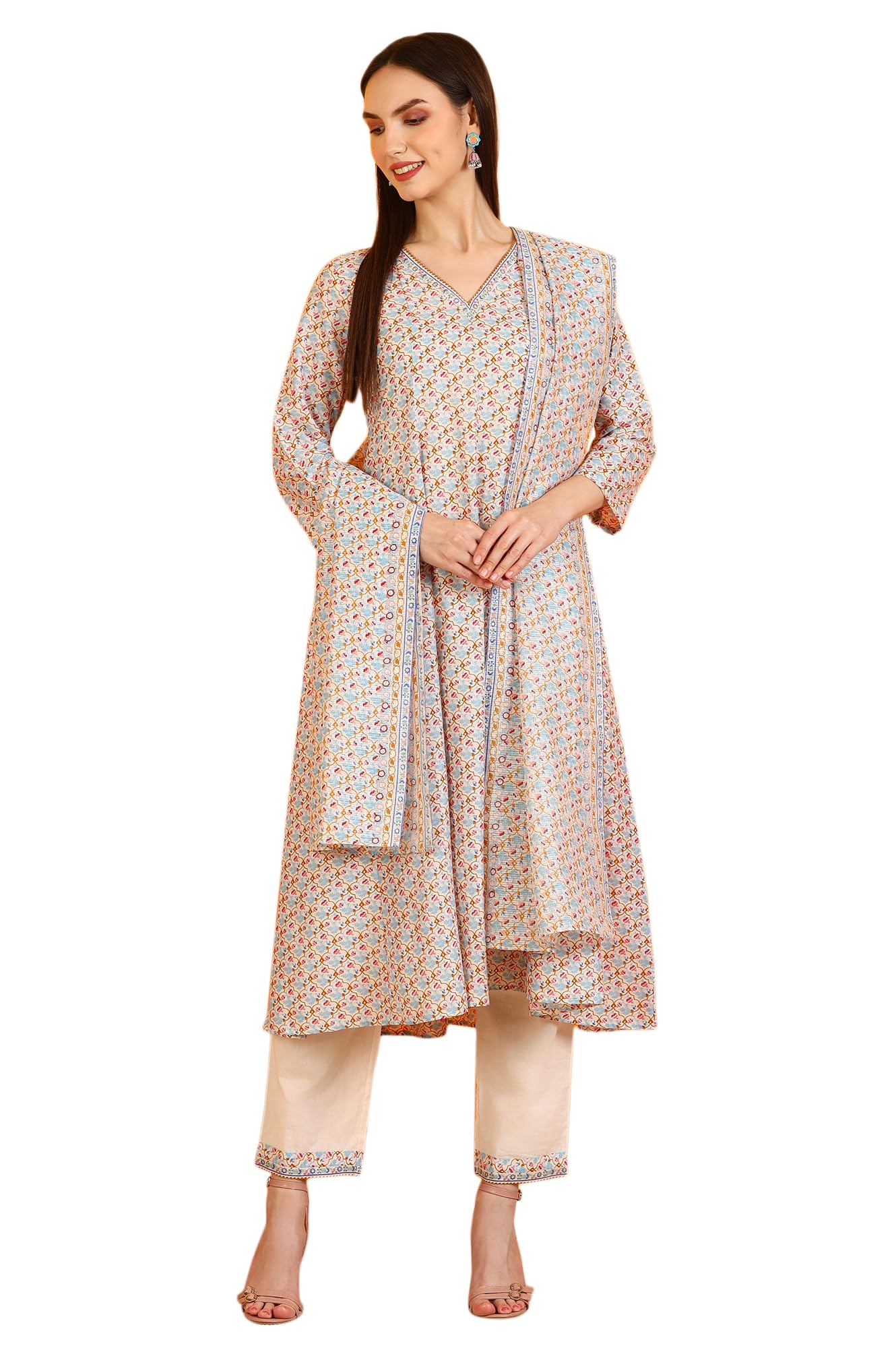 w for woman Floral Printed Pure Cotton Flared Kurta, Pants and Dupatta Set-picture-48