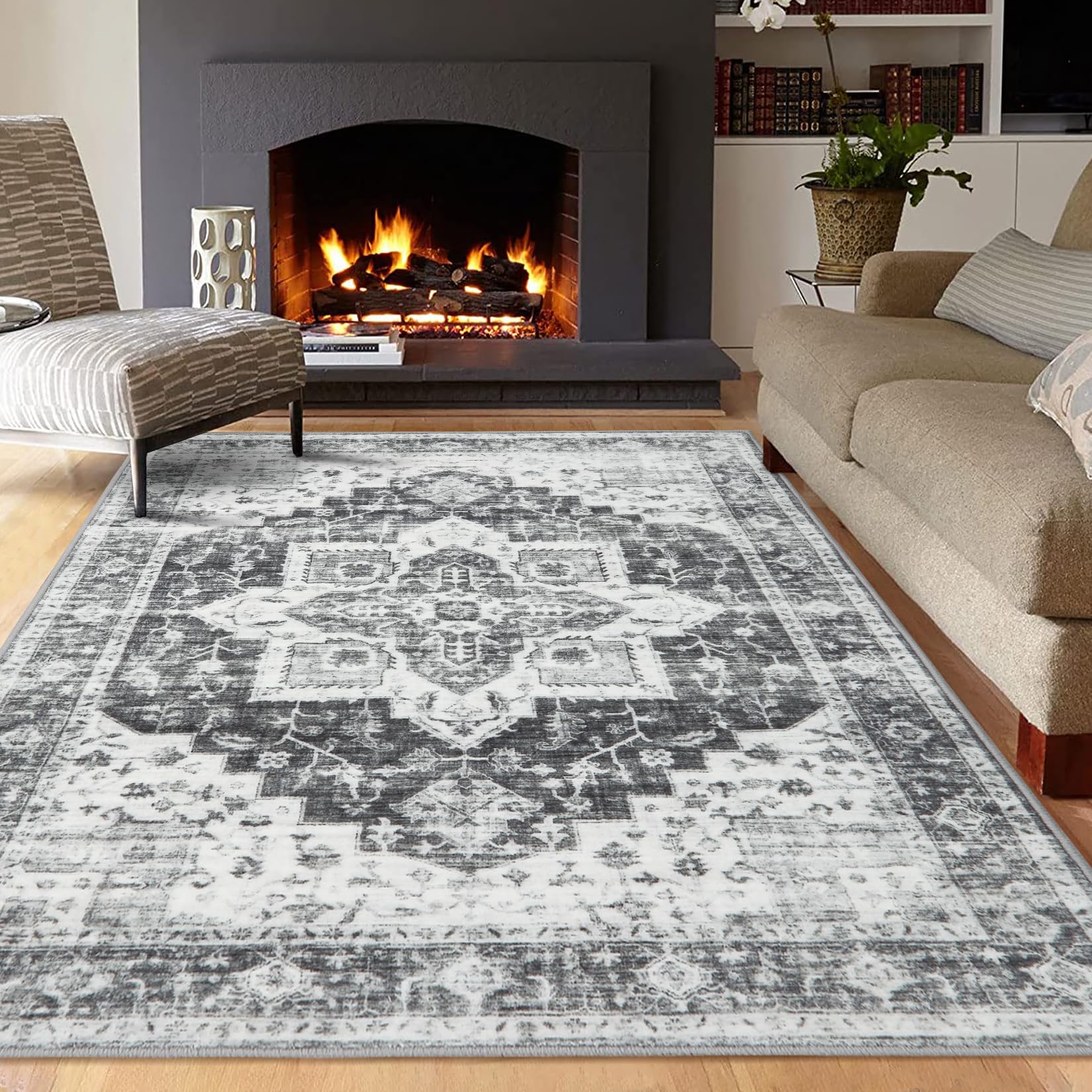 LuxFocus Alfombra de estilo oriental, lavable, vintage, 120 x 170 cm, antideslizante, tradicional, resistente a las manchas, uso en interiores, para salón, dormitorio, oficina en casa, color gris