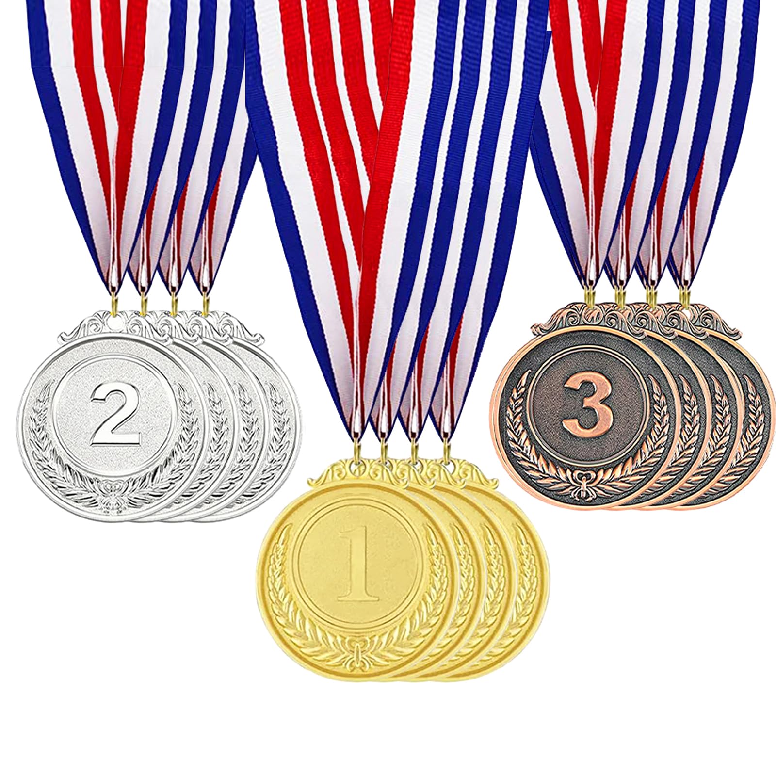 12 Piezas Medallas Niños Medallas de Ganador Medallas para Niños con Cintas Medallas Doradas, Plateadas y Bronce para Fiesta, Día del Deporte Escolar, Competiciones de Juegos