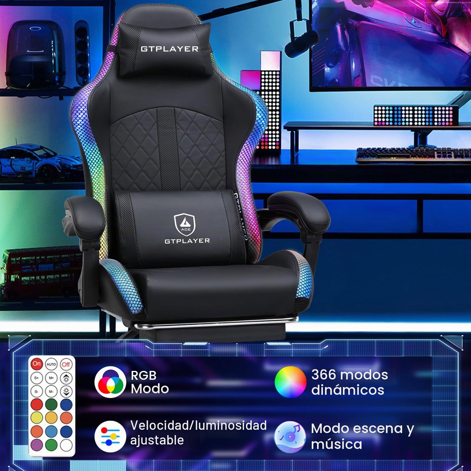 GTPLAYER Silla de gaming, silla de oficina, silla de gaming con altavoz y barra de luz, silla gamer, respaldo con bolsa de almacenamiento, silla ergonómica de PC con mando a distancia