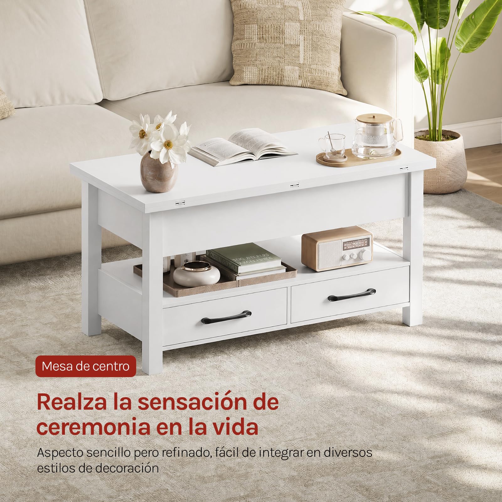 WOLTU Mesa de Centro Elevable, Mesita Salon con Espacio Oculto, Zona Abierta y 2 Cajones, Mesa Salón Elevador y Extensible, Multifuncional para Sala y Estudio, 100x50,5/100x53/66 cm, Blanco