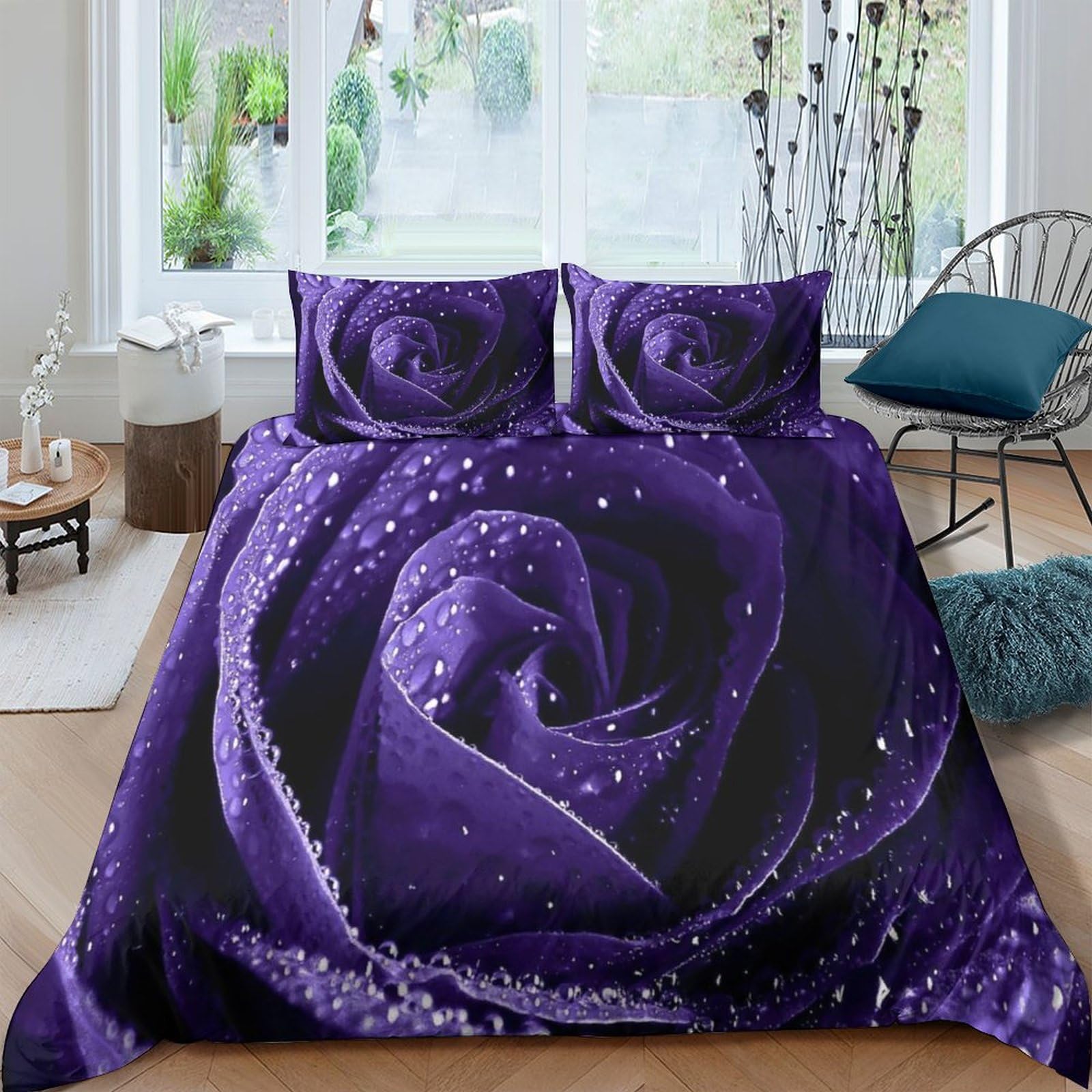 Housse de couette roses violettes parure de lit 3D pour décorer une chambre de fille ou ado