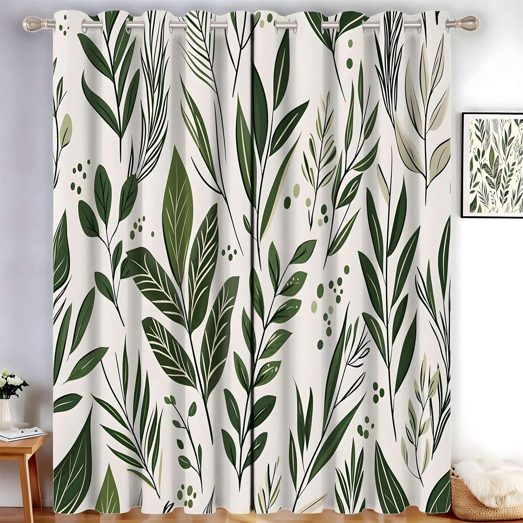 KaiHeBeding Botanical Leaves Blackout Curtains for Bedroom - Nordic Pastoral Living Room Curtains 90x90 Eyelet - Soft Thermal Insulated Patterned Drapes for Windows - 2 Panels