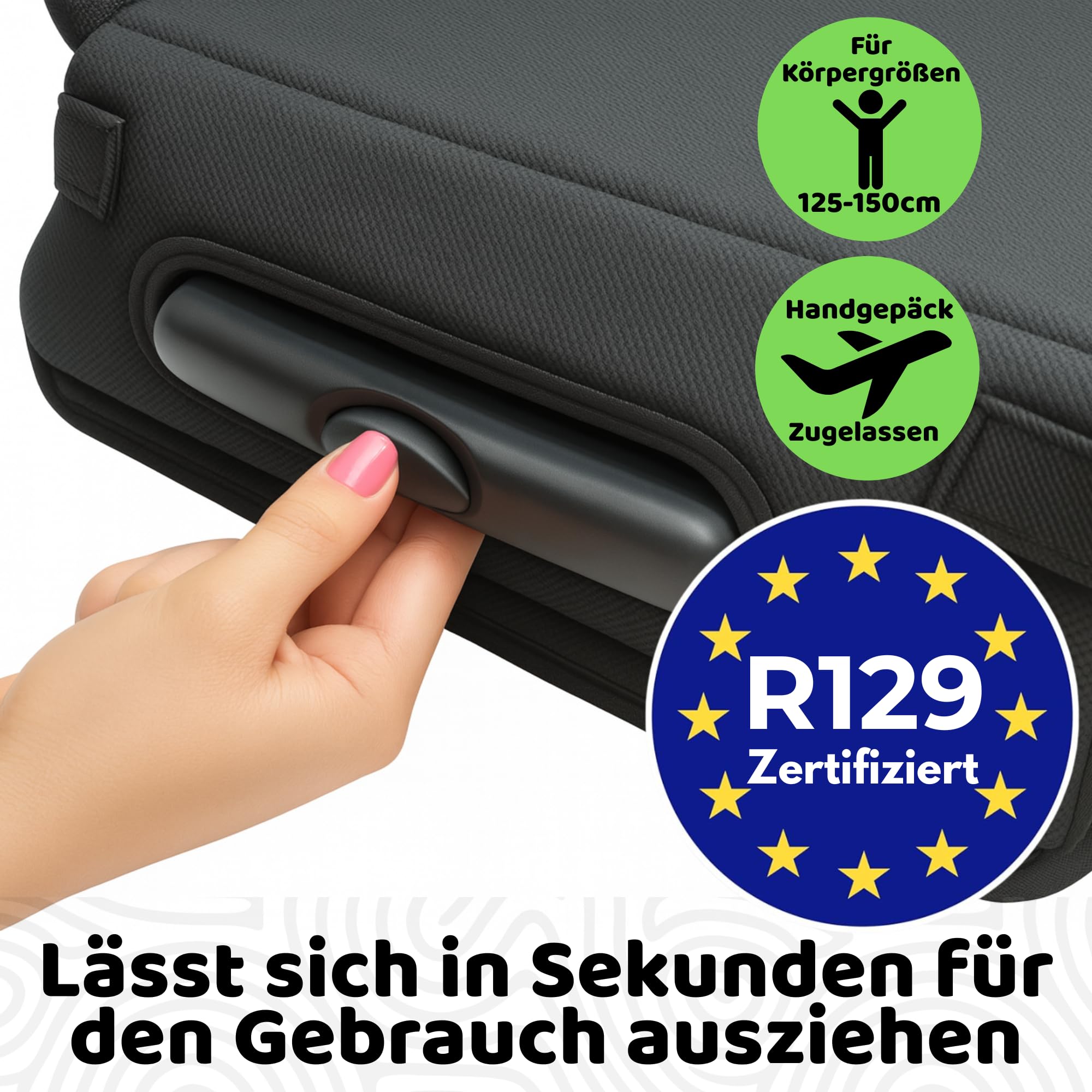 BubbleBum Teleport Reise Kindersitz i-Size R129 Sitzerhöhung für Kinder 125-150cm Faltbar Tragbar Schwarz