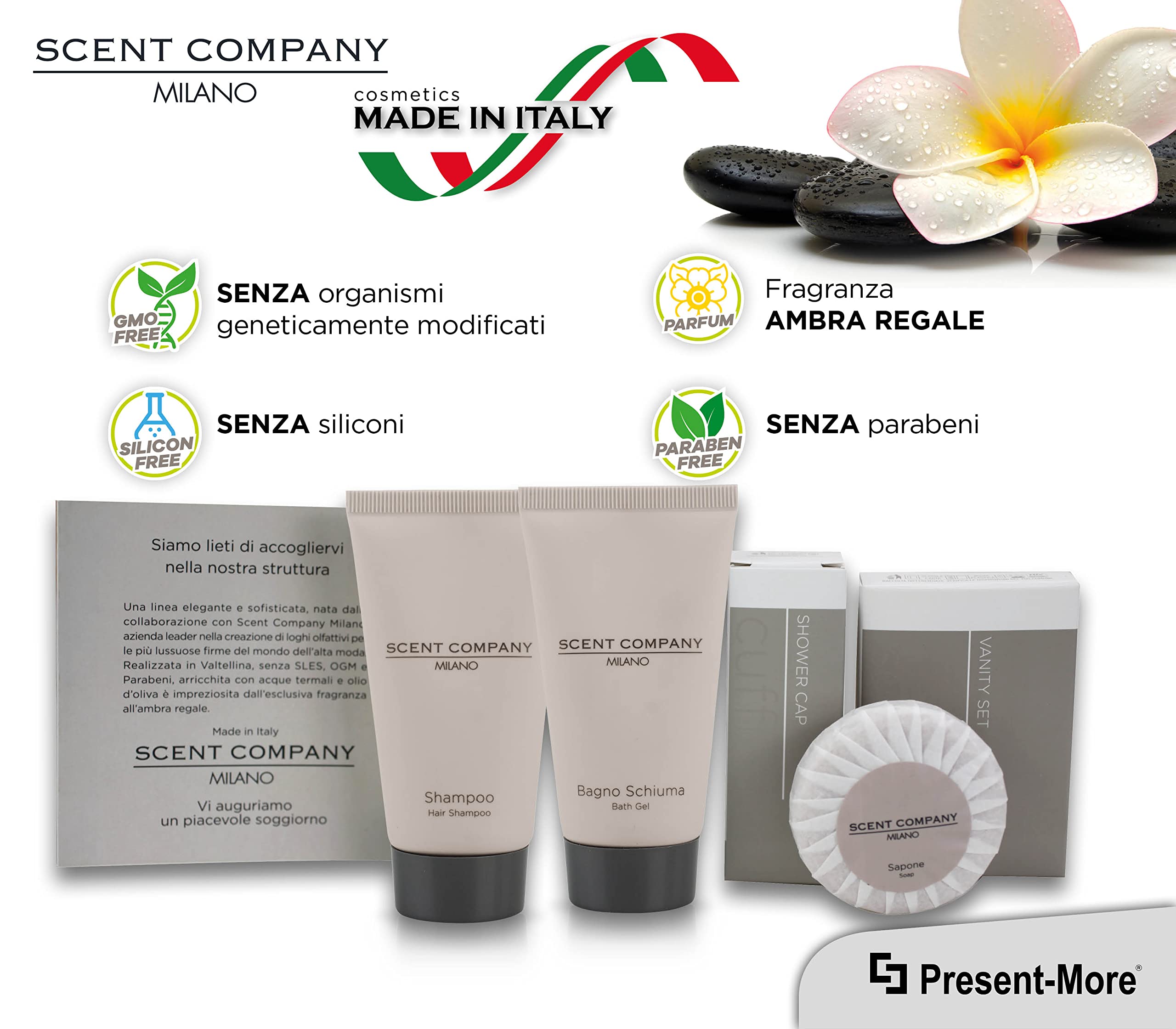 PRESENT-MORE - Set Cortesia 30 Ospiti Scent Company Milano - Fragranza Ambra Regale - Contiene: Shampoo, Gel Doccia, Sapone, Cuffia e Vanity - Made in Italy - Per Hotel e B&B