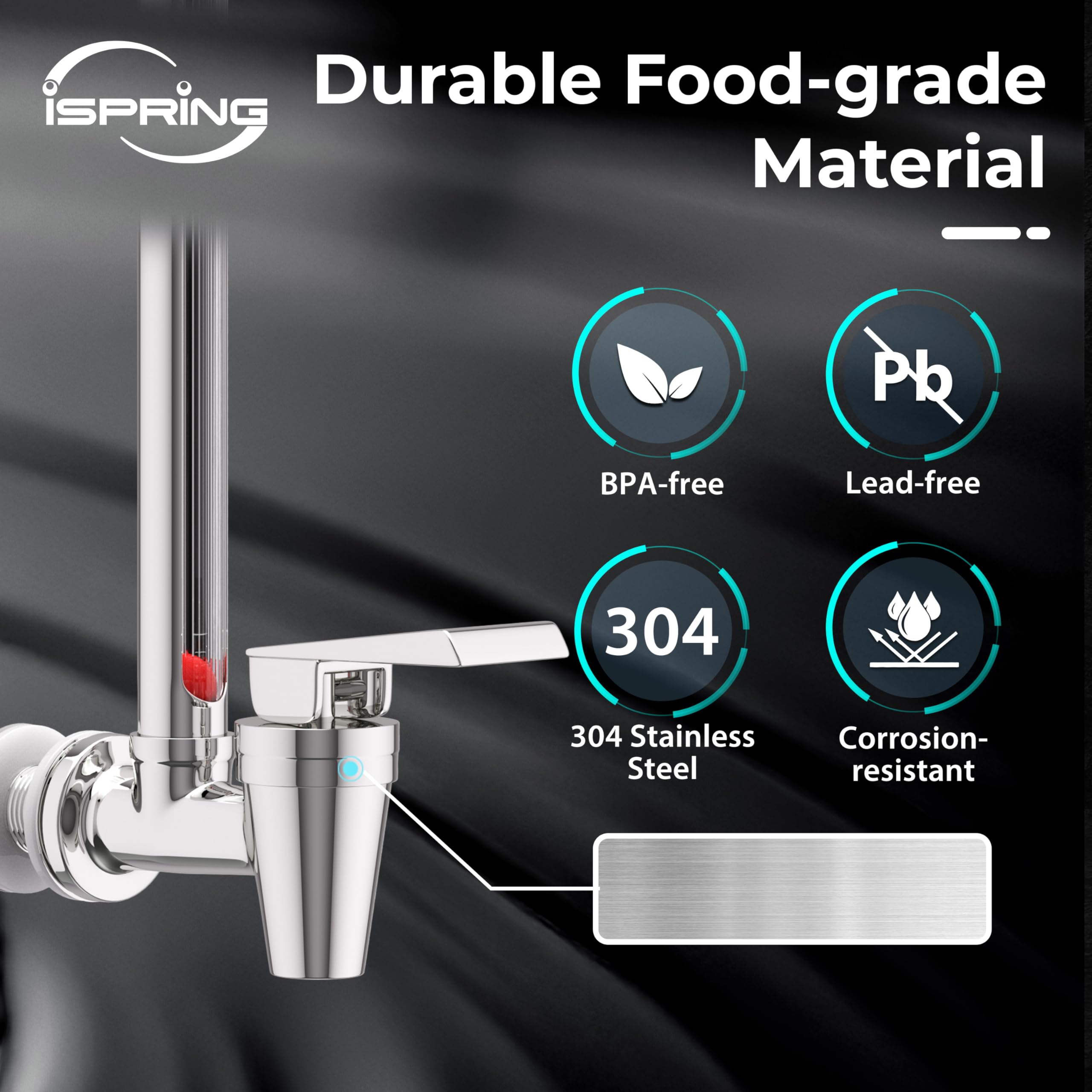iSpring ATG1 kranik do szkła wziernikowego z wyraźnym widokiem poziomu wody, kompatybilny z Berkey® i Waterdrop®, materiał ze stali nierdzewnej dopuszczony do kontaktu z żywnością