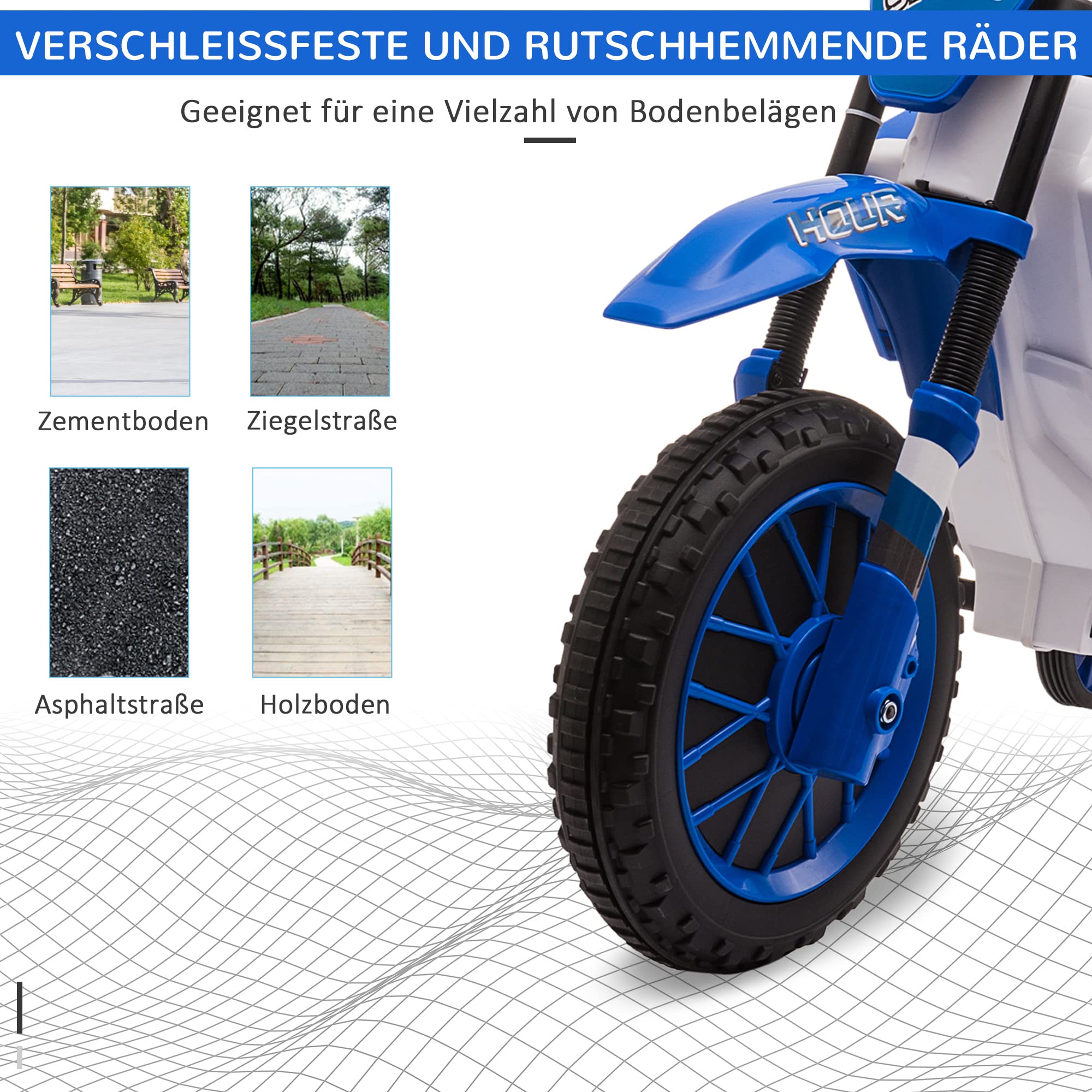 HOMCOM Elektro Kindermotorrad 3-8 km/h 2 Stützräder ab 3 Jahre Blau+Weiß | Elektromotorrad Kinder, Elektro Motorrad, Kinder Motorrad Elektrisch Ab 3 Jahre