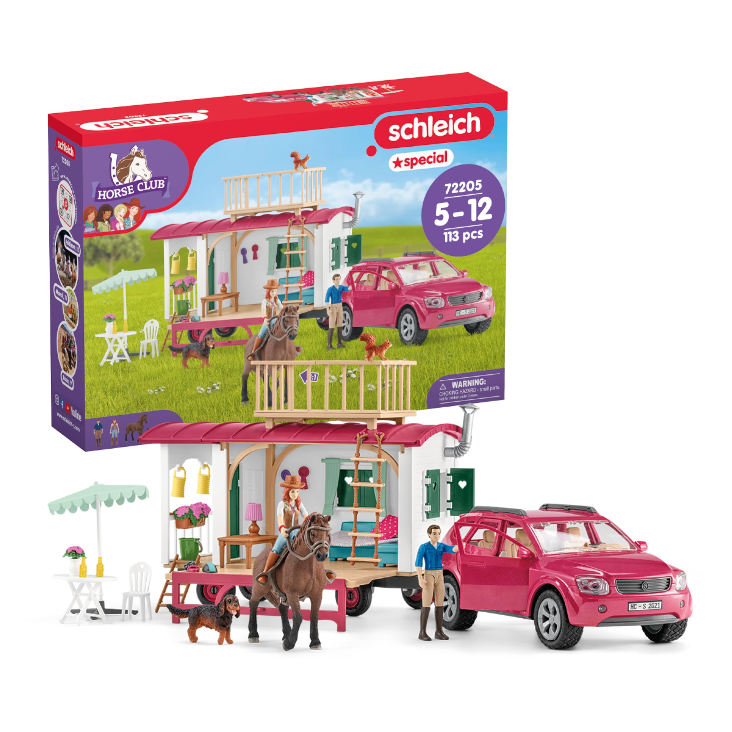 schleich HORSE CLUB | Przygoda z przyczepą kempingową 72205 | Zestaw z przyczepą, SUV-em, 2 figurkami, koniem i psem | Akcesoria dla koni schleich | Zabawka od 5 lat | 113 elementów | tylko na Amazon | Zestaw z przyczepą kempingową, SUV-em, 2 figurkami, k