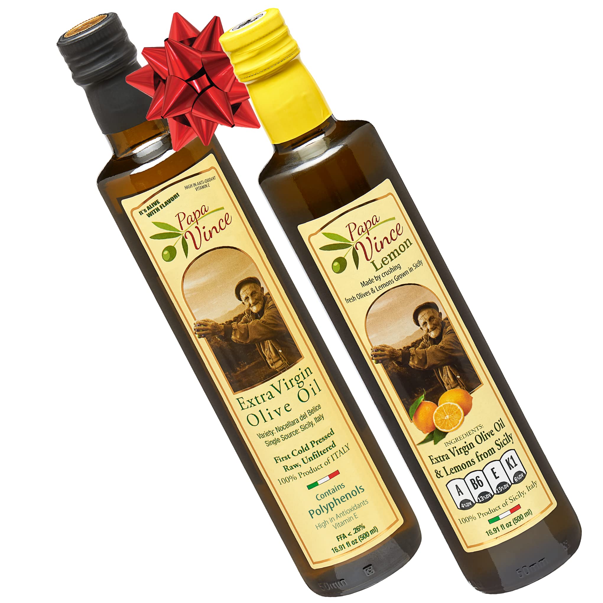 Papa Vince Olive Oil, Cold Pressed Polyphenol Rich Organic Extra Virgin Olive Oil, Fresh, Early Harvest, Vitamin Rich EVOO, Unfiltered, Unrefined, Raw, Amazing Taste, 2-Pack (Classic & Lemon Oil)