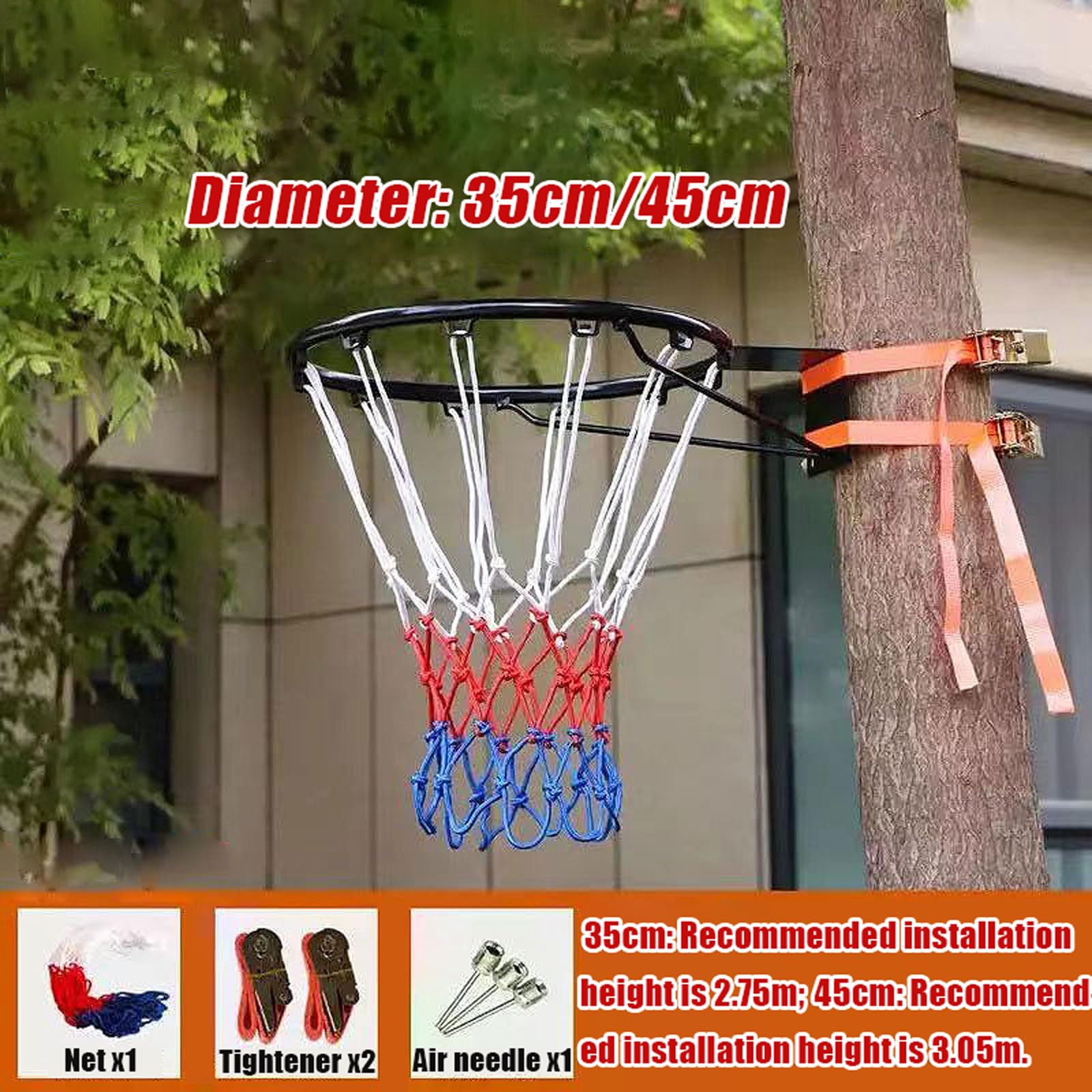 Aro de Baloncesto de Pared Exterior,Canasta Baloncesto Exterior Pared,Marcos De Red De Baloncesto Desmontable Portátil,con Correas Ajustables,para áRboles,Columna Redonda,Hierro
