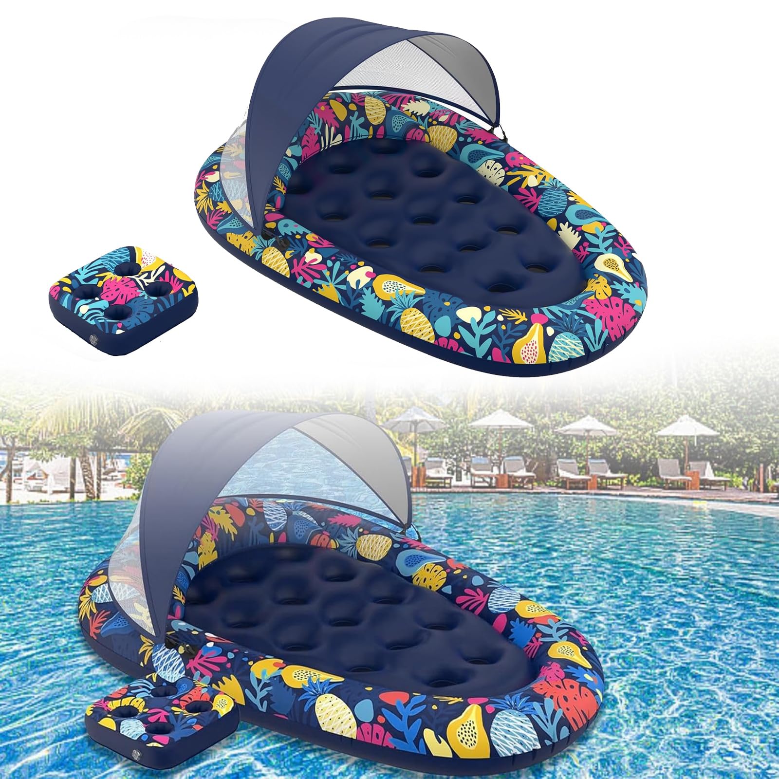 Colchoneta Piscina Adultos,Colchoneta Hinchable Piscina,Hinchables para Piscina,con Toldo de Sombra Desmontable,Portabebidas,Hamaca Flotante,para Adultos,Playa,Lago y Verano