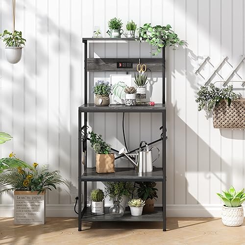 Miniatura 36 de SUPERJARE - Estante de cocina con toma de corriente de 4 niveles, soporte de microondas de cocina con 6 ganchos en forma de S, estante de Marrón