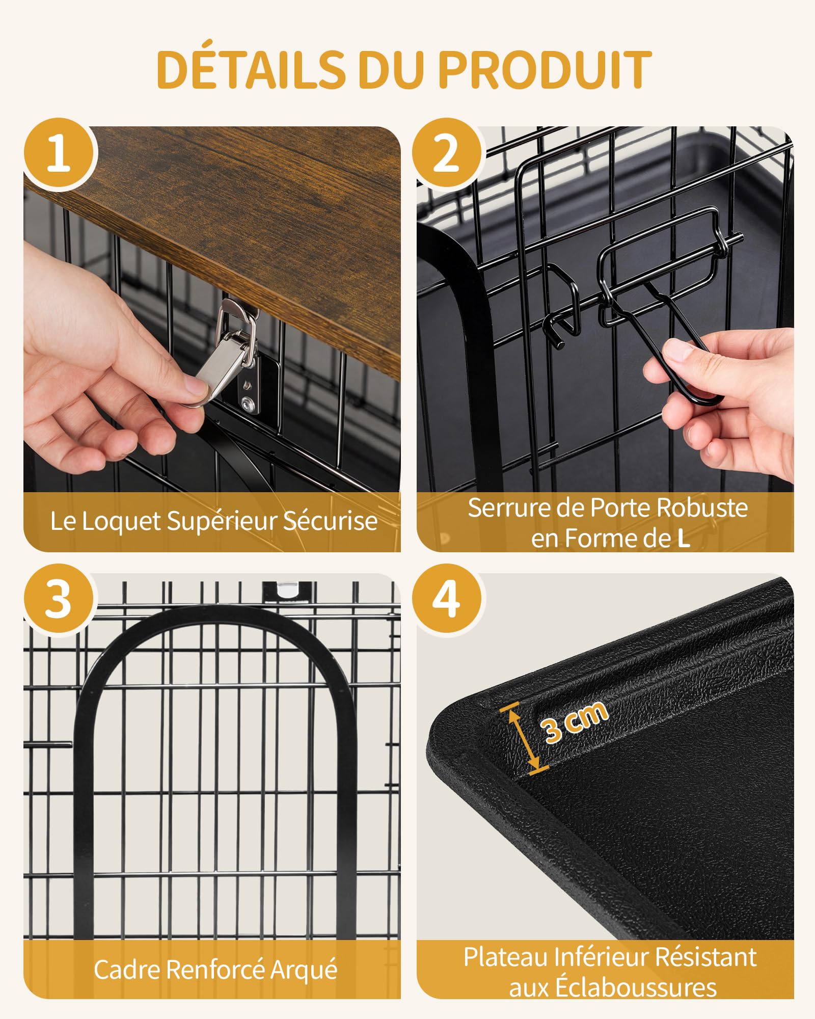 Hzuaneri Cage pour Chien, 94 cm Meuble Cage Chien en Fil, Noir Marron | Cage Épaissie Usage Intérieur/Extérieur, Pliable avec plateau, Taille L pour Chiens Petits/Moyens, 94 × 60 × 64 cm, DFC98501B