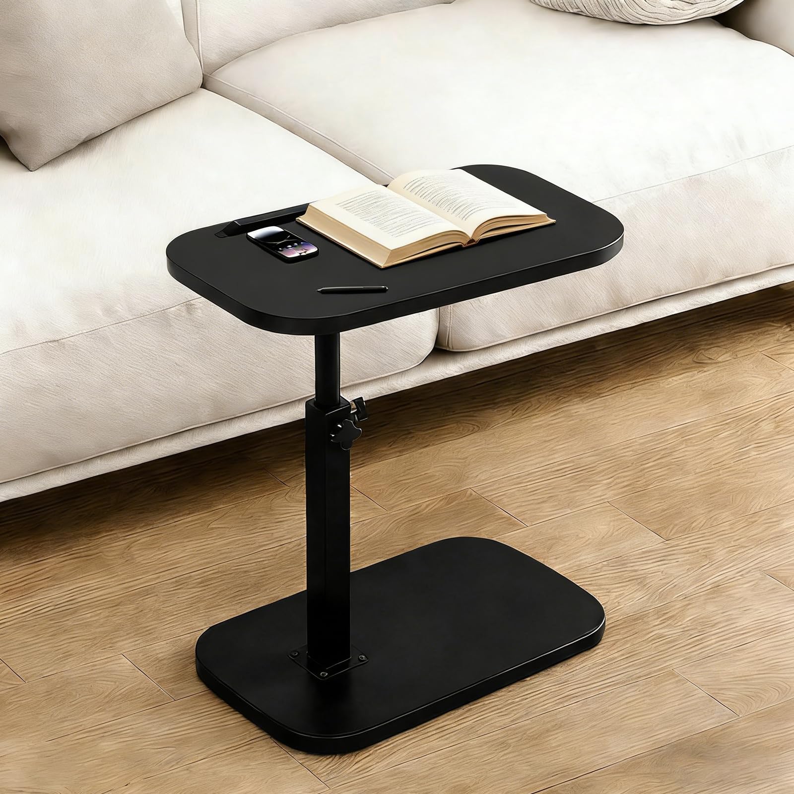 Tavolino A Forma Di C Girevole 360° – Altezza Regolabile 45-80 Cm, Piano 28x38 Cm Con Barra Antiscivolo, Per Divano E Letto, 3 Colori