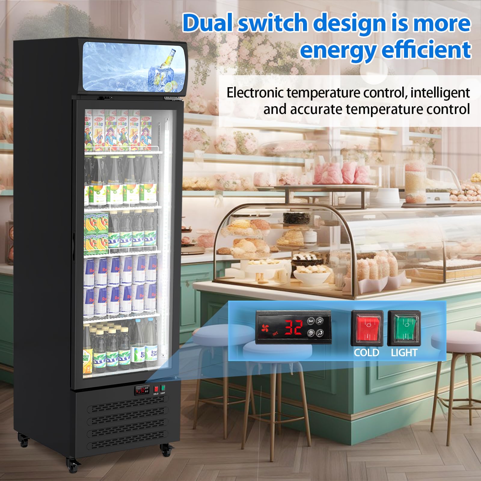 Festisoul Commercial Merchandiser Refrigerator With Glass Door, 11.5 Cu.Ft Merchandiser Beverage Refrigerators Fridge, Upright Beverage Cooler, Soft LED Light, Adjustable Shelves, Black on Fridge.com - View 6