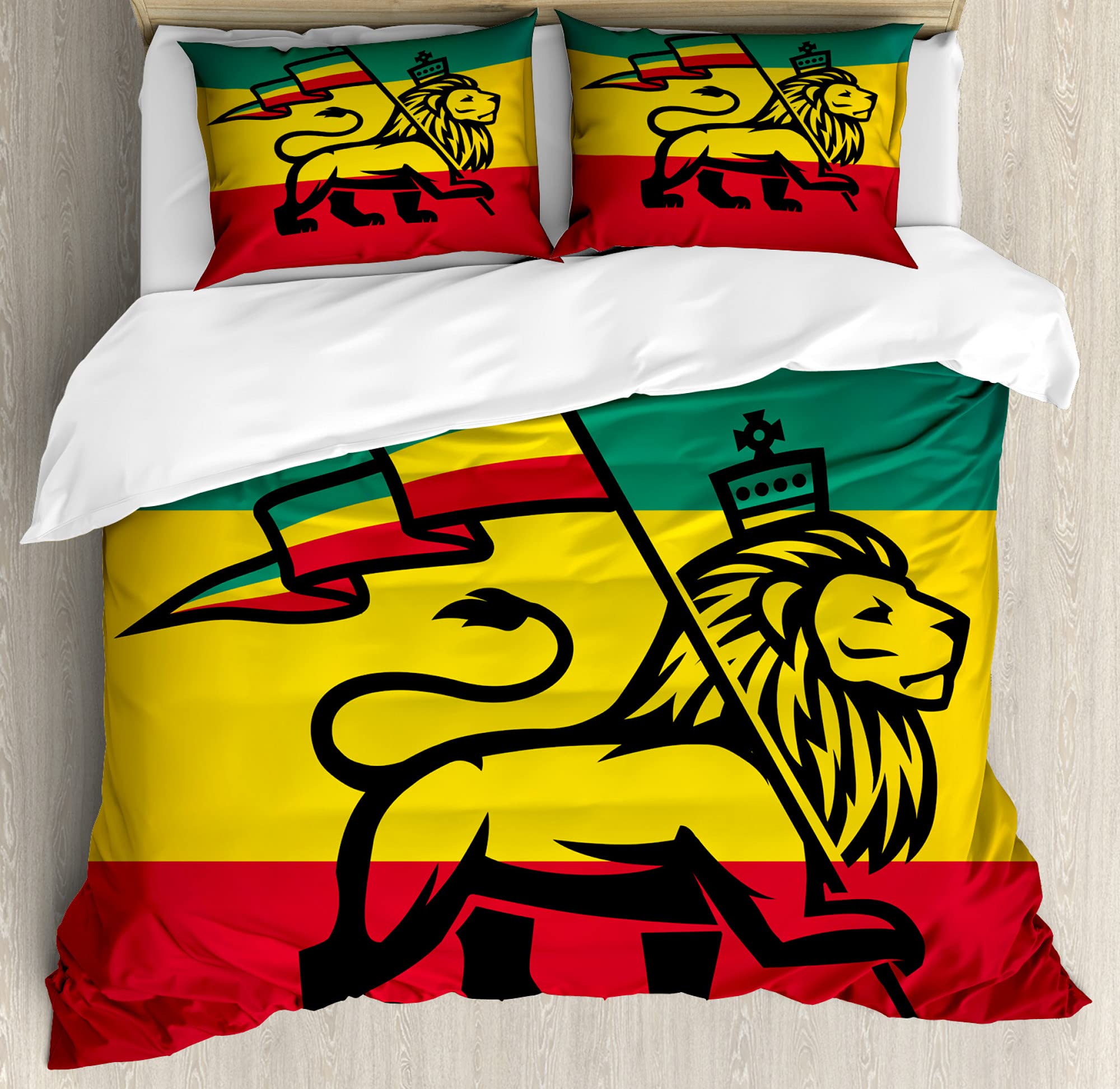 ABAKUHAUS Rasta Duvet Cover Set, Judah Lion Rastafari Flag, Bedding Set 3 Pieces with 2 Pillow Shams, 200 x 200 cm - 70 x 50 cm, Yellow Black