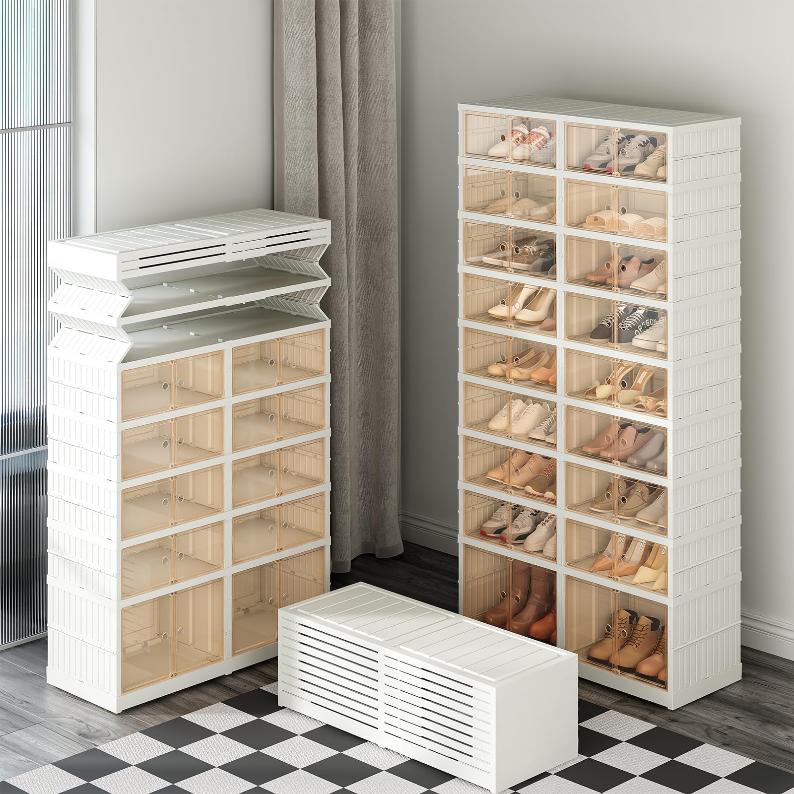 MADSOUKY Scarpiera Extra Large 4x7 Ripiani - Organizer Impilabile Con Protezione Antipolvere, Contenitore Per 56-70 Paia Di Scarpe, Per Ingresso, Armadio E Garage (Acciaio E Plastica)