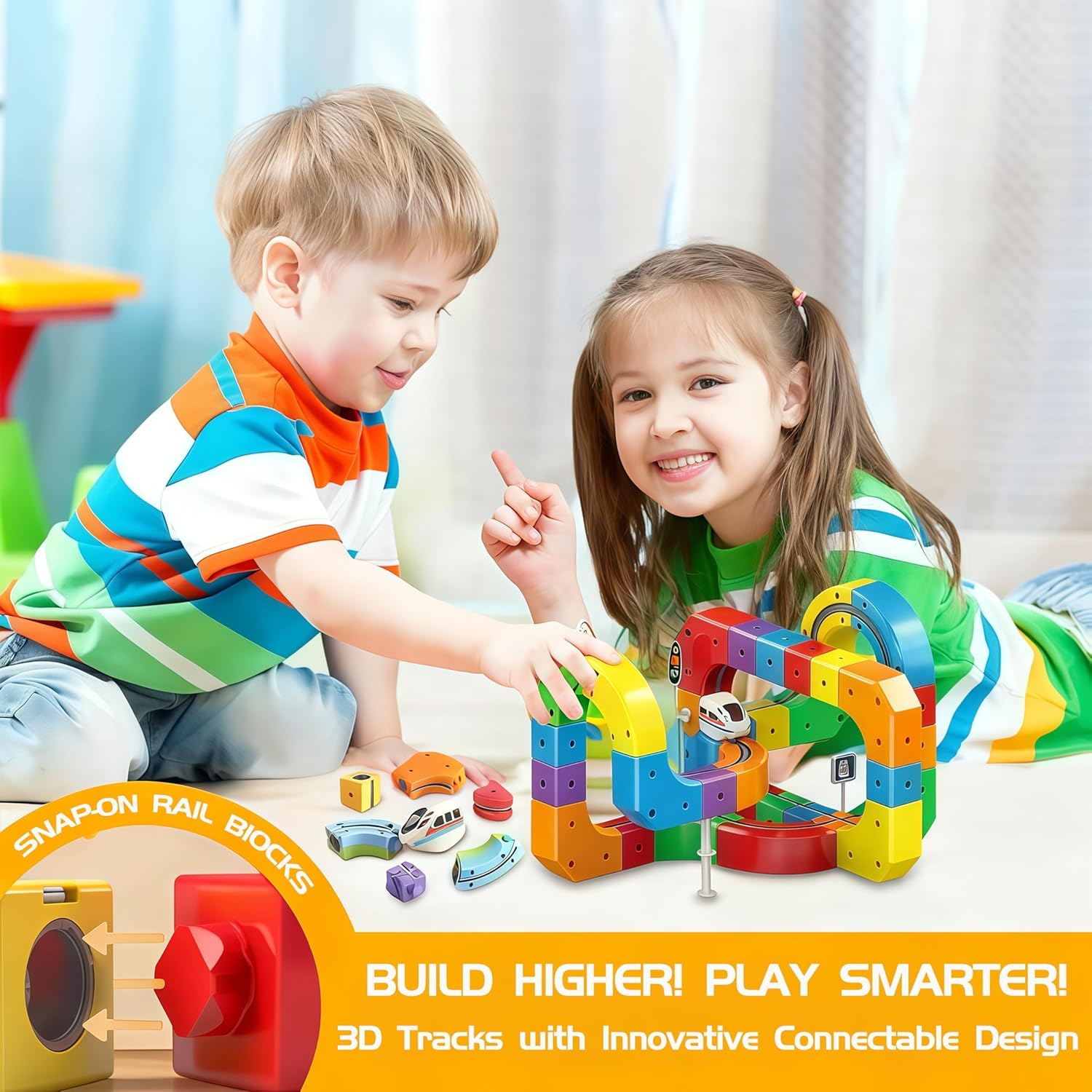 51PCS 3D Building Cube Track – Magical Track Train USB Rechargeable, DIY Race Car Track Building Kits with Signs,Rail Cube Magnetic Monorail, STEM Educational Toy for Ages 4-8 Boys Girls(1 Train)