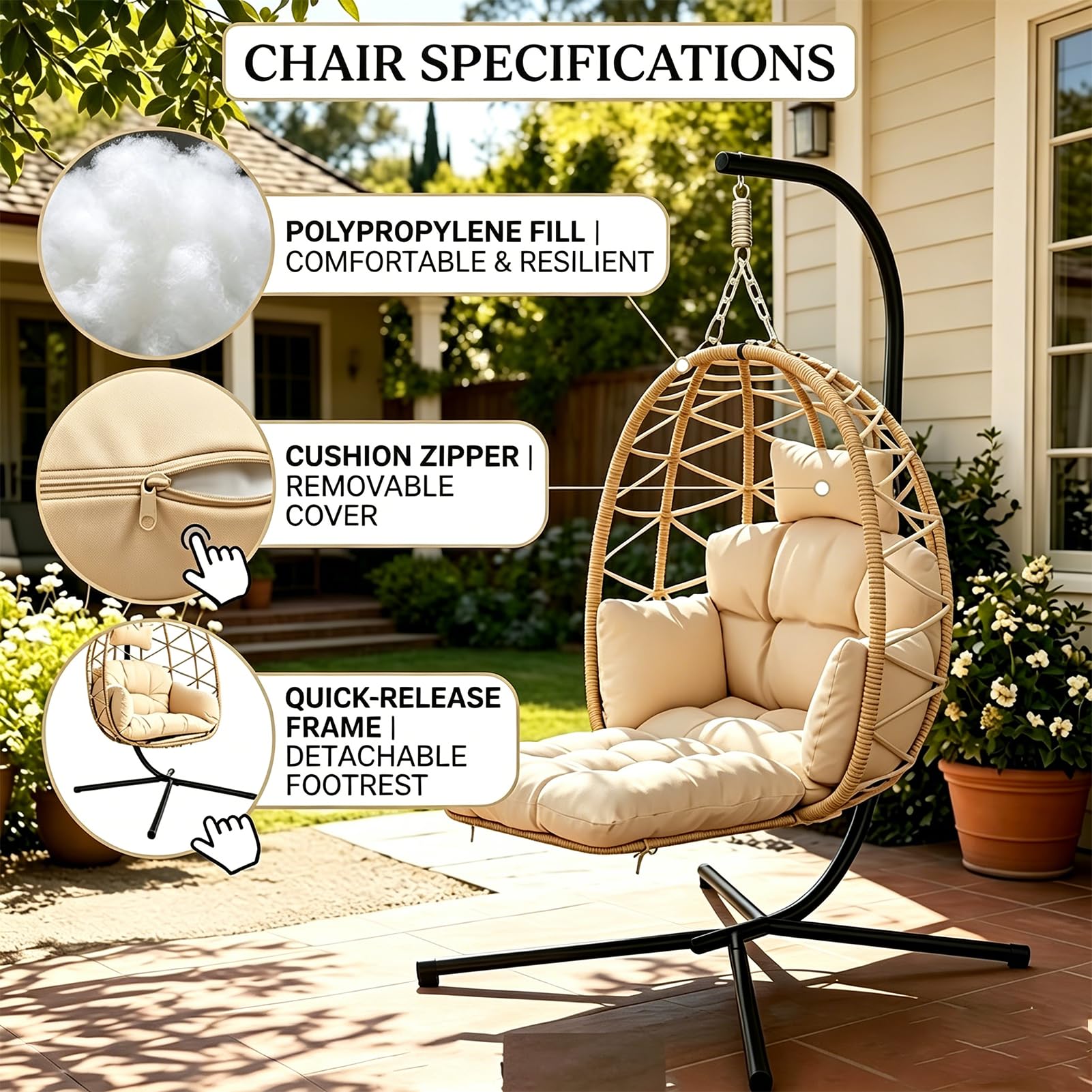 Silla Colgante Exterior, Sillón Colgante, Sillón Huevo con Reposapiés Desmontable, Funda Lavable y Cesta Colgante, Capacidad 150Kg, Interior, y Exterior, Jardín o Terraza