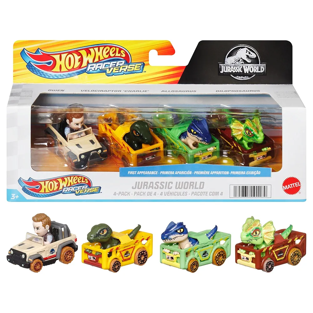 Hot Wheels RacerVerse Coffret de 4 véhicules en métal comprenant les pilotes Jurassic World Charlie, Owen, Dilophosaurus et Allosaurus, HKD32