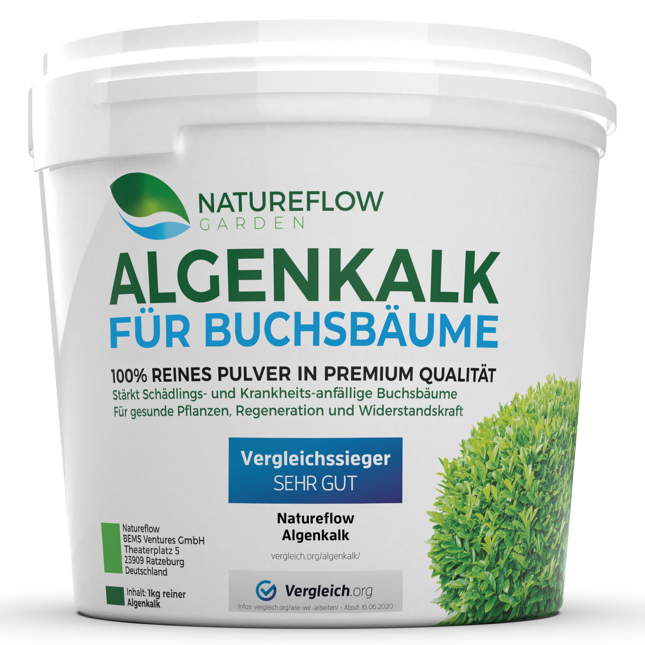 TESTSIEGER Bio Algenkalk für Buchsbäume – Widerstandskraft und Regeneration für anfällige Buchsbäume (Buchsbaumzünsler) - Premium Buchsbaum Dünger und Spritzmittel - Buchsbaumdünger 1kg