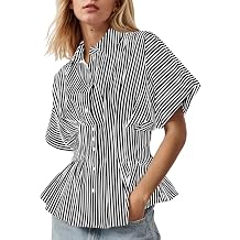 Womens Striped Shirts Button Down Short Sleeve Pleated Peplum Blouses Dressy Casual Lapel Tops Summer Business Shirt