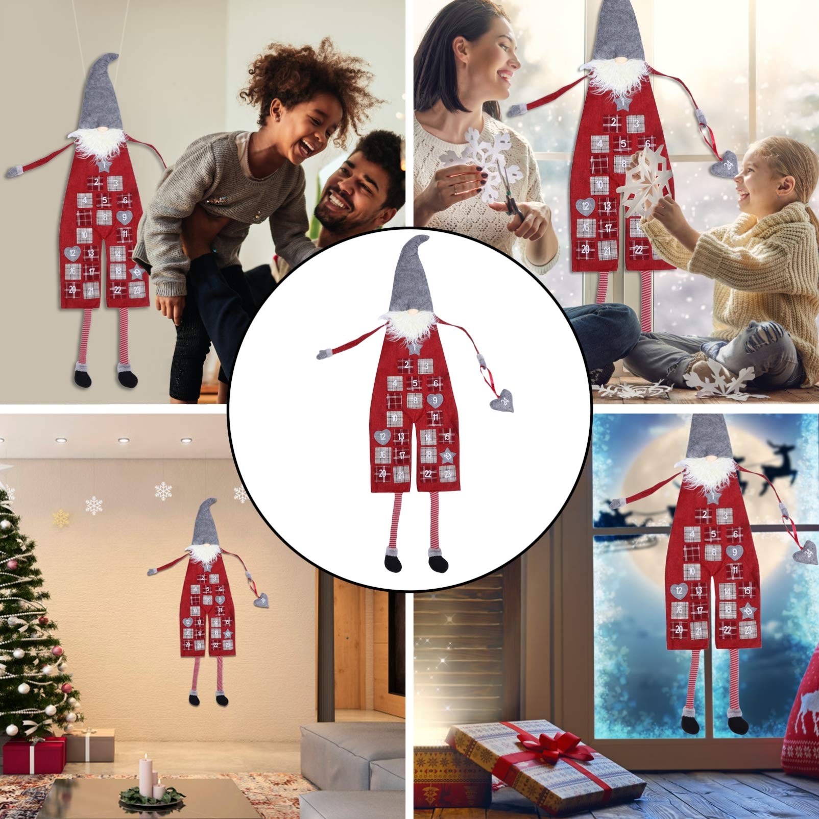 LABRIMP Calendario Avvento Folletti Natalizi in Lino Lana Artificiale, Decorazione Appesa Rosso per Festa di Natale e Conto alla Rovescia Festivo