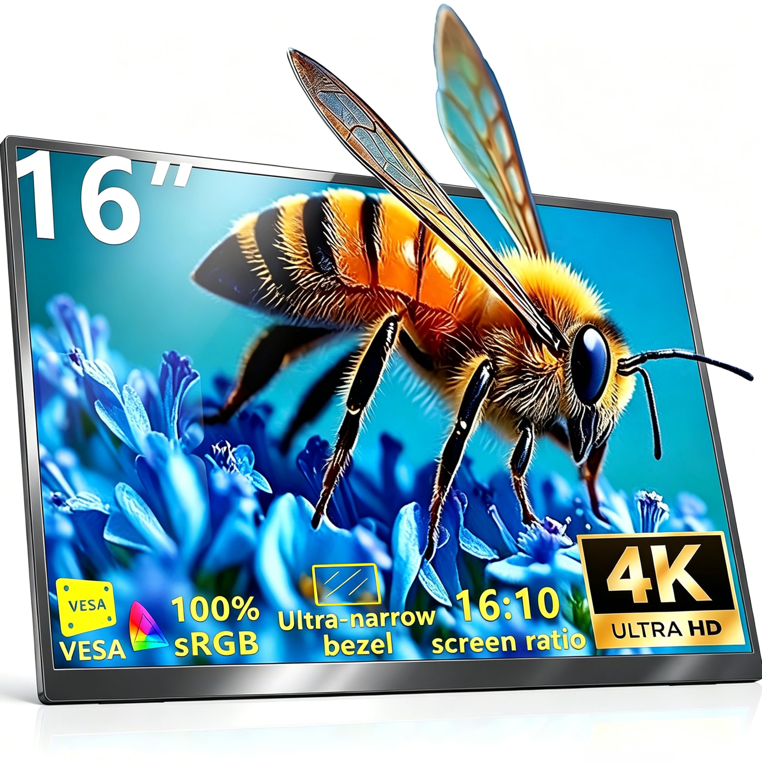 Photo 1 of MAFNKOU 16” 4K Portable Monitor UHD 3840×2400 16:10 400 Nits Gaming Display,IPS HDR External Second Screen,Vertical Monitor for Laptop/Mac/PC/PS5/Xbox with Speakers Stand,VESA Compatible