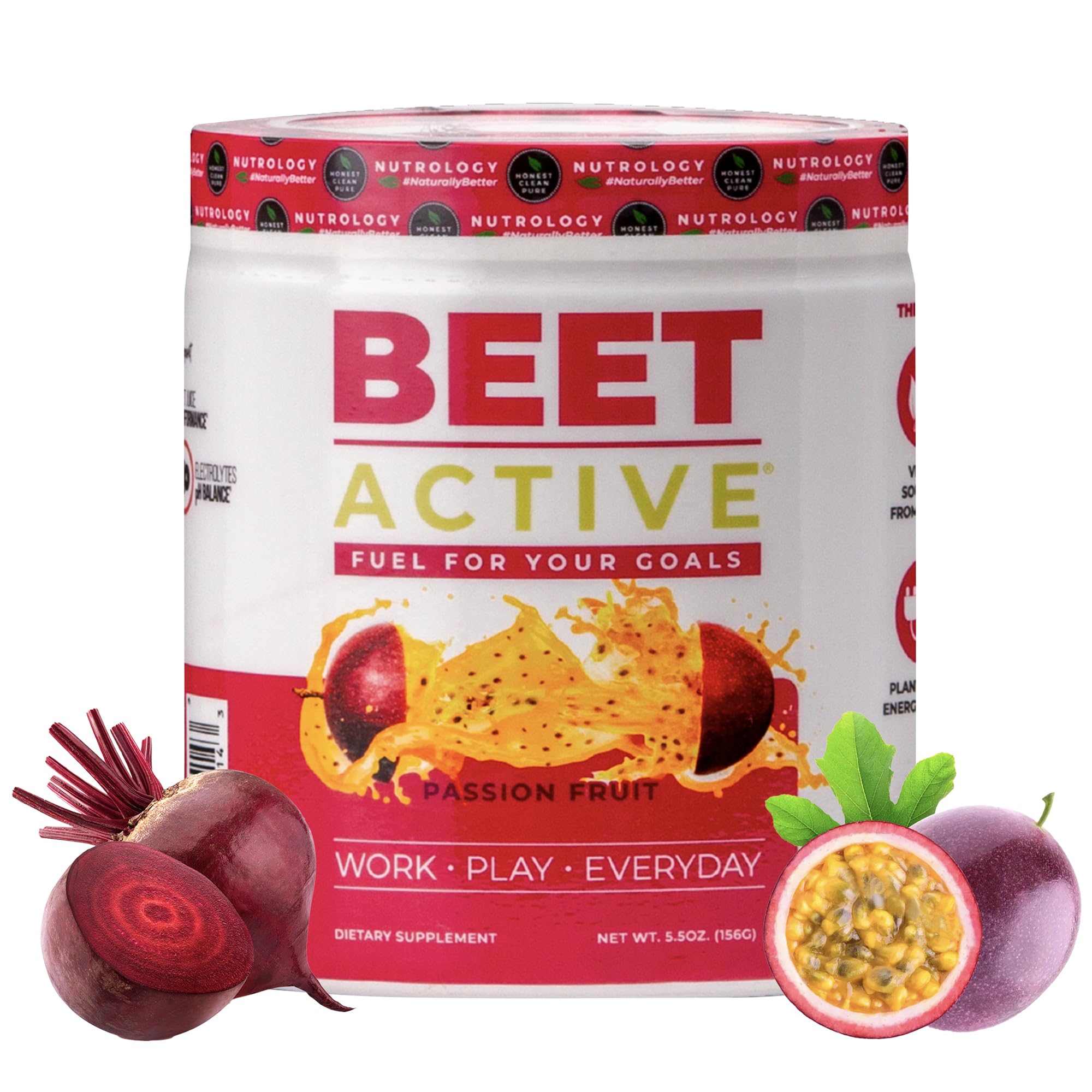 Nutrology Beet Active, Natural Pre-Workout Powder, Supports Energy, Endurance & Nitric Oxide Flow with Beet Powder, Yerba Mate & Electrolytes, Vegan Pre Workout, Passion Fruit Flavor, 30 Servings