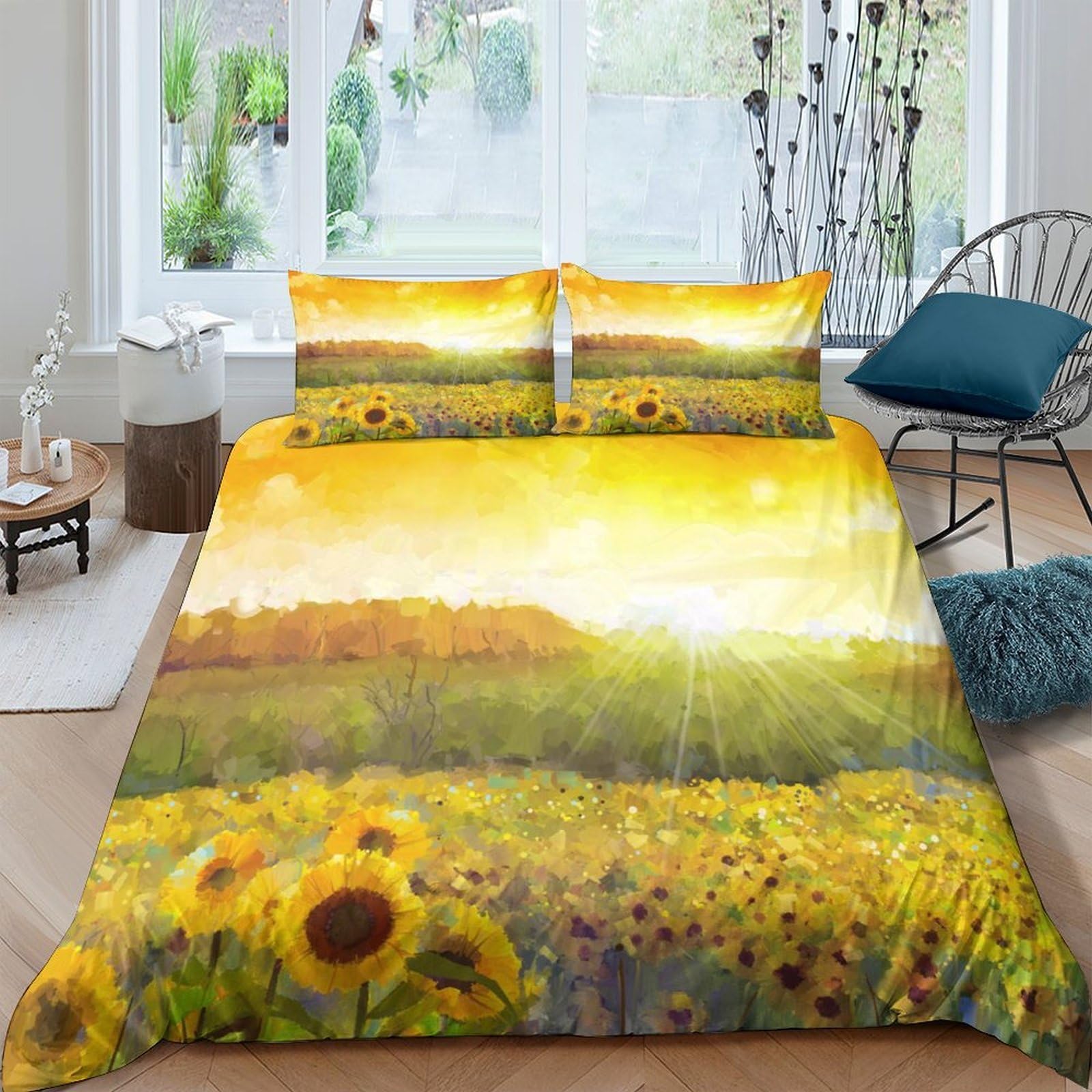 GPLZQXKJNH 3D Printed Sunflower Meadow Duvet Cover Set Microfiber Soft Breathable Sunrise Landscape Bedding with 2 Pillowcases for Bedroom Decor Single（135x200cm）