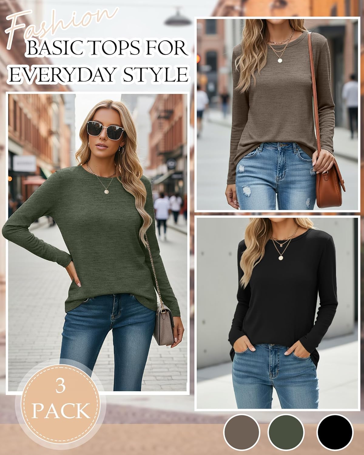 Ficerd 3 Pack Women's Long Sleeve T-Shirts Crew Neck Casual Loose Fit Tunic Fall Tops Regular Shoulder Basic Tee Outfits - Image 3