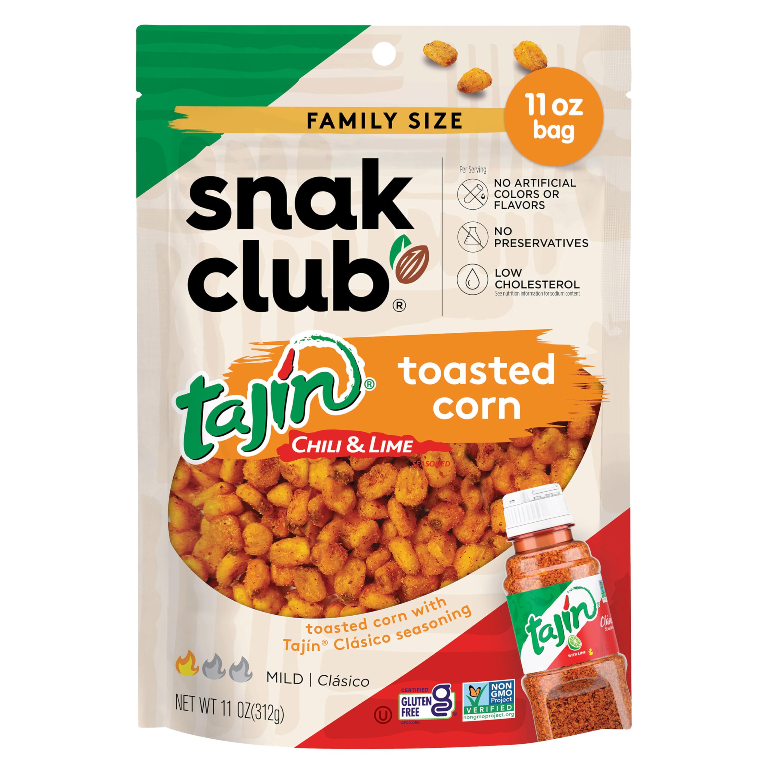 Snak ClubTajin Toasted Corn, Roasted Corn Nuggets with Chili and Lime Seasoning, Mild, Non-GMO, Gluten-Free, Kosher Snack, No Artificial Colors or Flavors, Low Cholesterol, 11 oz Resealable Bag